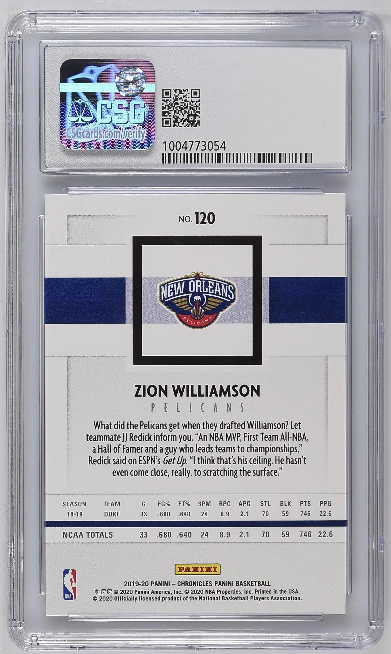 2019-20 Panini Chronicles Zion Williamson Rookie Card #120 - CSG 9.5 Mint Green Parallel - Perfect for Basketball Card Collectors & NBA Memorabilia Enthusiasts