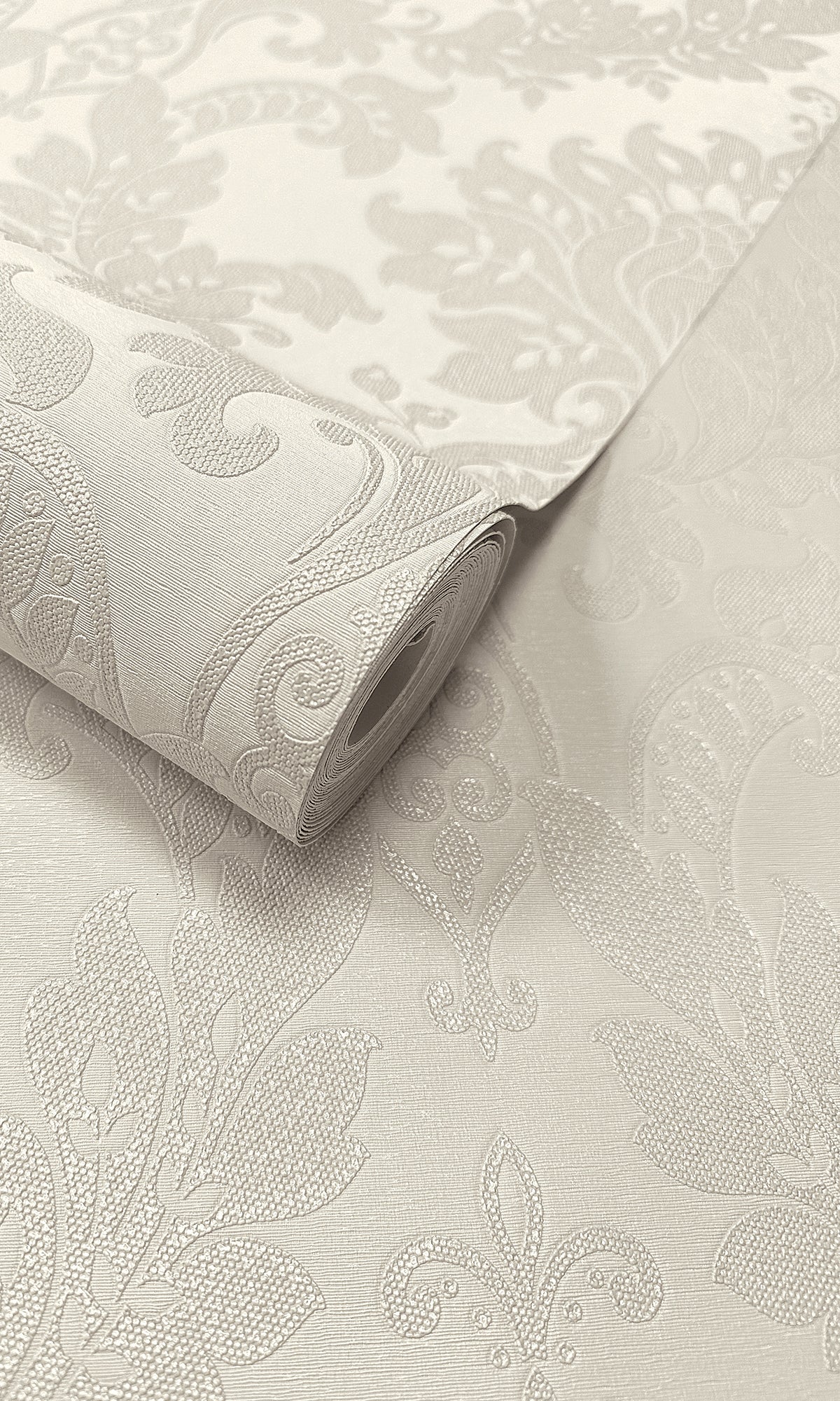 Dove Beaded Classic Damask Wallpaper R9545 - Elegant Textured Wall Covering for Living Room, Bedroom & Dining Room Decor