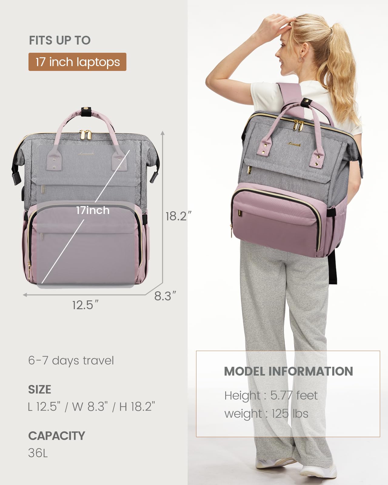 LOVEVOOK 18-inch Large Capacity Travel Laptop Backpack for Women - USB Charging Port, Water Resistant Business Work Bag - Perfect for Commuting, College, Nursing & Teacher Use (Grey-Light Purple)
