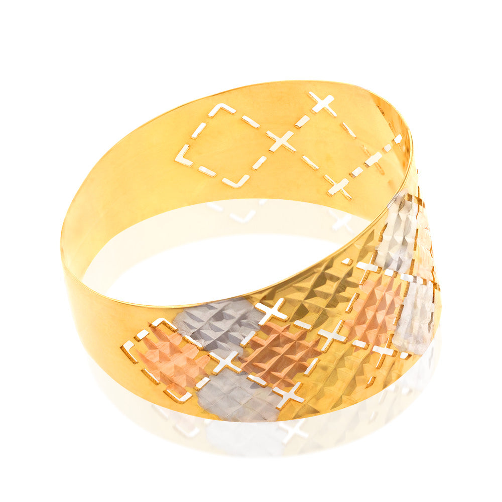 9ct Yellow and White Gold Patterned Broad Band Ring for Women - Elegant Stackable Wedding, Anniversary, or Fashion Jewelry Gift