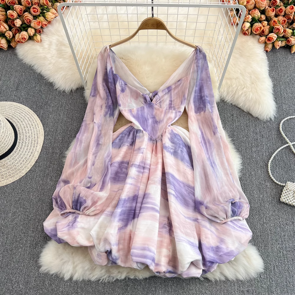 Elegant Long Sleeve Bow Tie V-Neck Chiffon Dress with Fluffy Fairy Skirt - Perfect for Weddings, Parties & Special Occasions