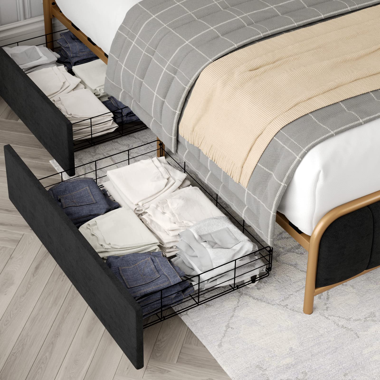 HITHOS Full Size Bed Frame with Storage Drawers & Headboard - Heavy Duty Metal Foundation for Bedroom (Golden/Black)