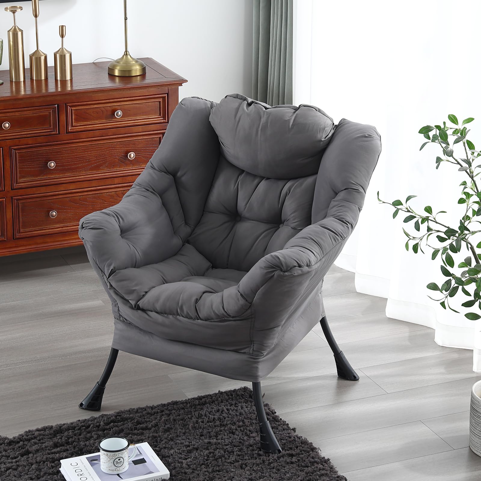 Welnow Modern Lazy Chair - Armrest Lounge Accent Chair with Side Pocket, Upholstered Leisure Sofa for Small Spaces, Bedroom, Dorm | Perfect for Reading, Relaxing & Netflix Binge-Watching in Dark Grey