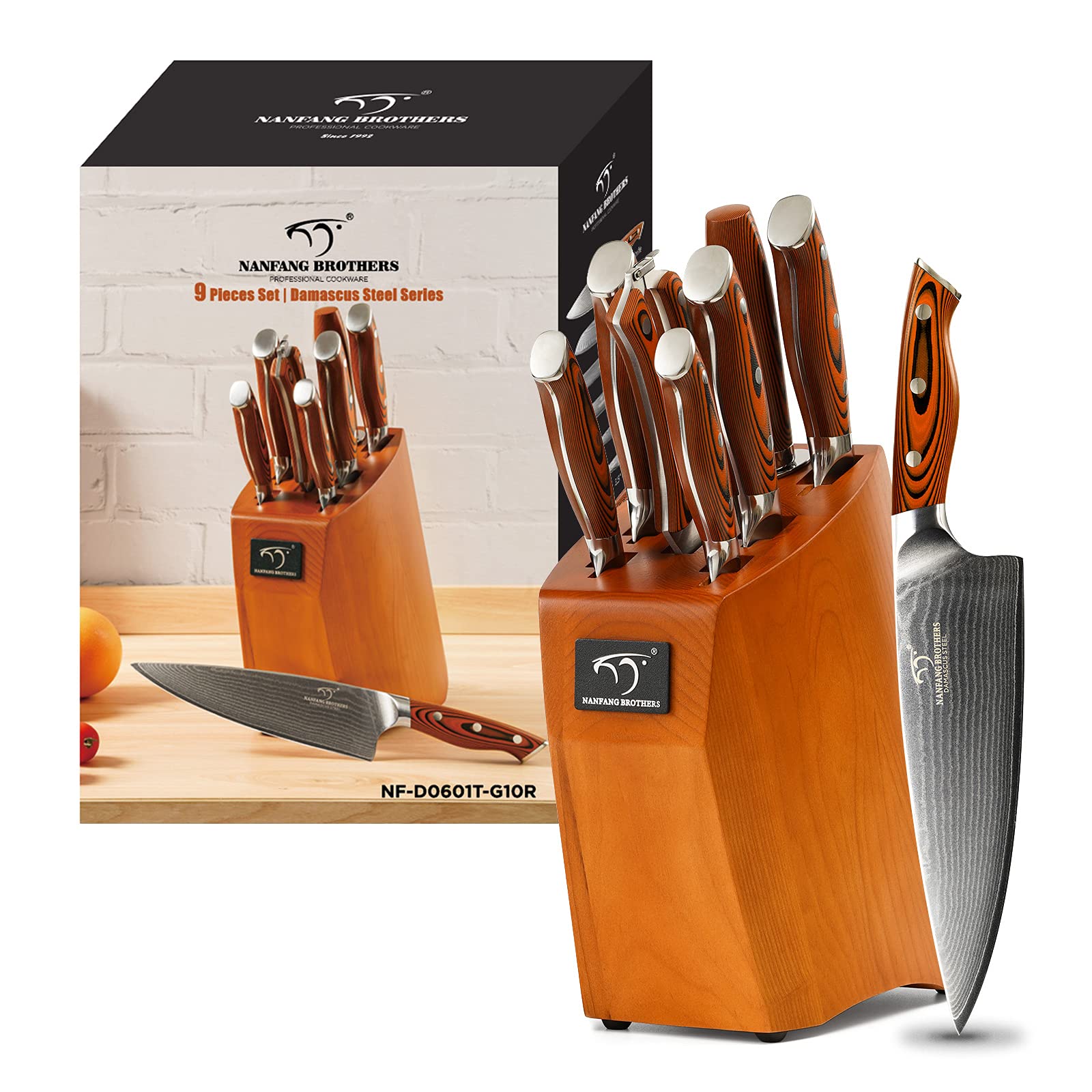 Premium Damascus Steel Kitchen Knife Set - 9-Piece Chef Knives with Wood Block, G10 Ergonomic Handle, Knife Sharpener & Shears - Perfect for Home Cooking, Professional Chefs & Gift Giving (Red)