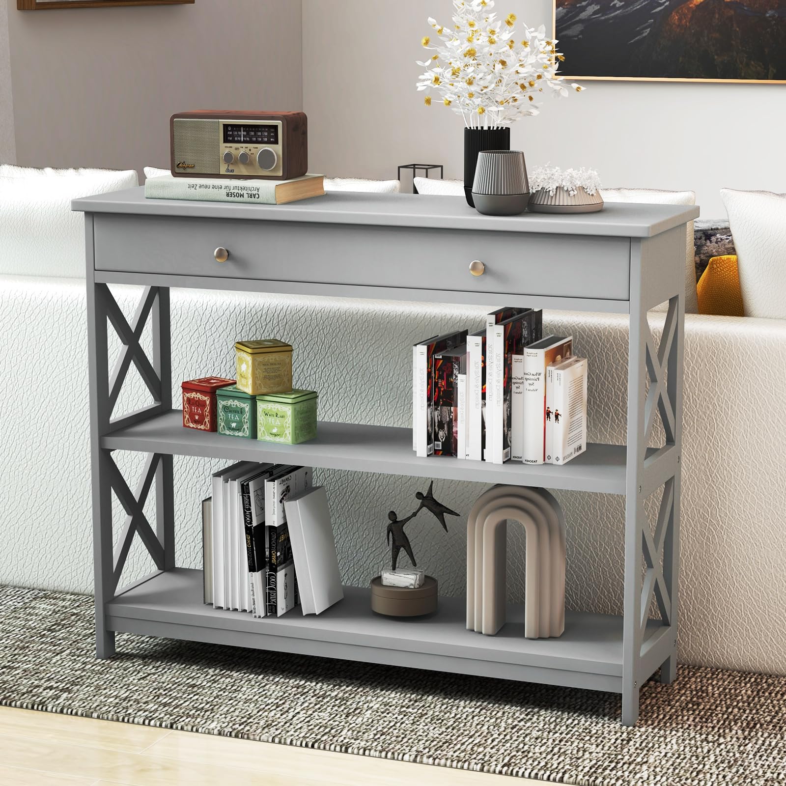 GOFLAME 3-Tier Narrow Sofa Table with Large Drawer & 2 Open Shelves, Modern Wooden Console Table for Entryway, Hallway & Living Room - Perfect for Small Space Storage & Home Decor (Grey)