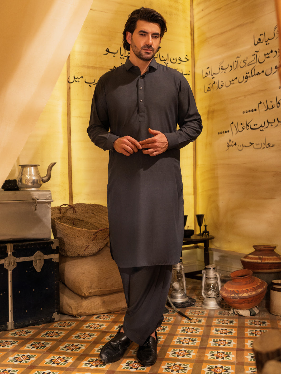 Premium Blended Grey Shalwar Kameez - Traditional Pakistani Outfit by Almirah | Wasim Akram Collection | Perfect for Weddings, Eid & Cultural Events