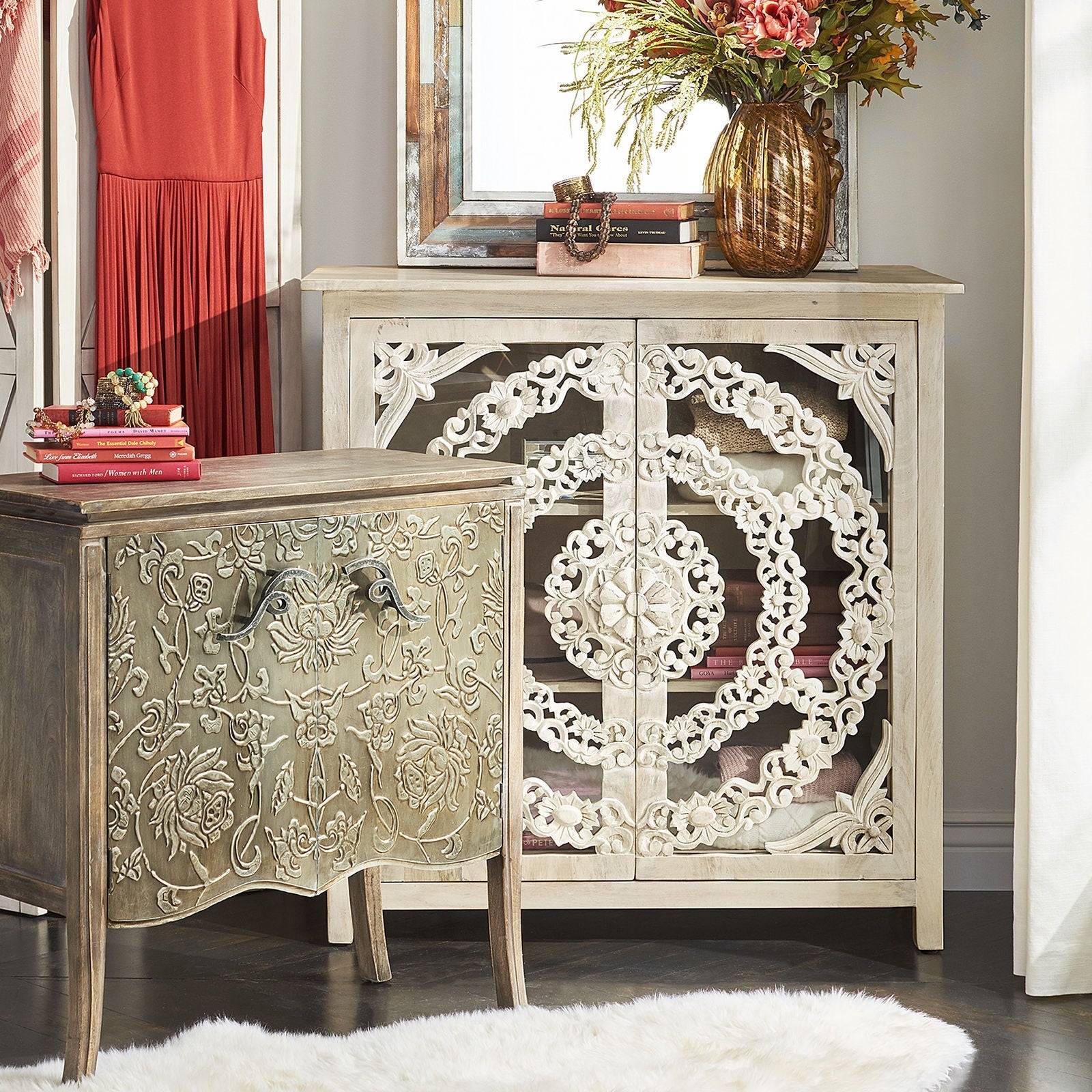 Vintage Floral Arched Carved Glass Sideboard Cabinet - Antique Style Buffet Server with Decorative Doors for Dining Room, Living Room & Entryway Storage