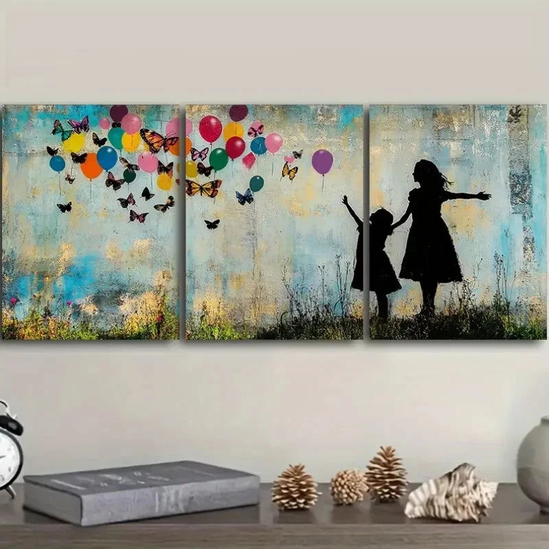 3-Piece Little Girl and Butterfly Balloon Wall Art Set - Framed Canvas 40x60cm - High Quality Print - 100% Australian Made - Ready to Hang - Perfect for Nursery, Kids Room & Home Decor