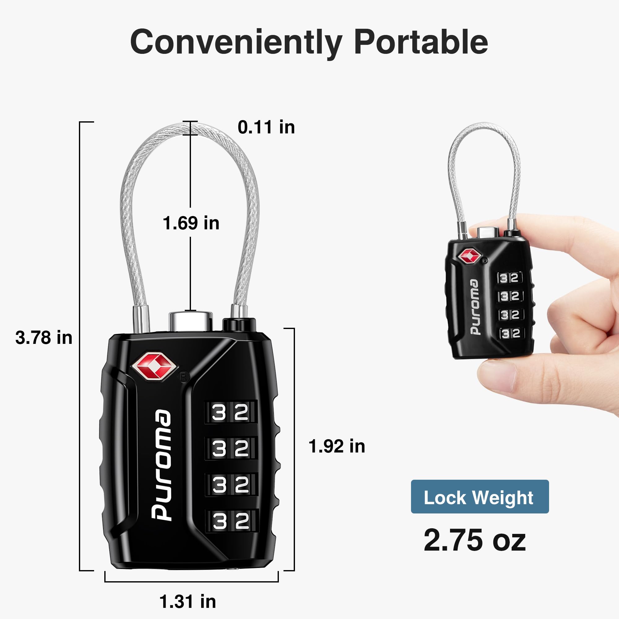 Puroma 2 Pack TSA Approved Luggage Locks - Secure 4 Digit Combination Travel Locks with Resettable Code & Durable Zinc Alloy Body for Suitcases, Backpacks, Gym Lockers & Toolboxes (Black) - Perfect for Air Travel, School, Work & Outdoor Adventures