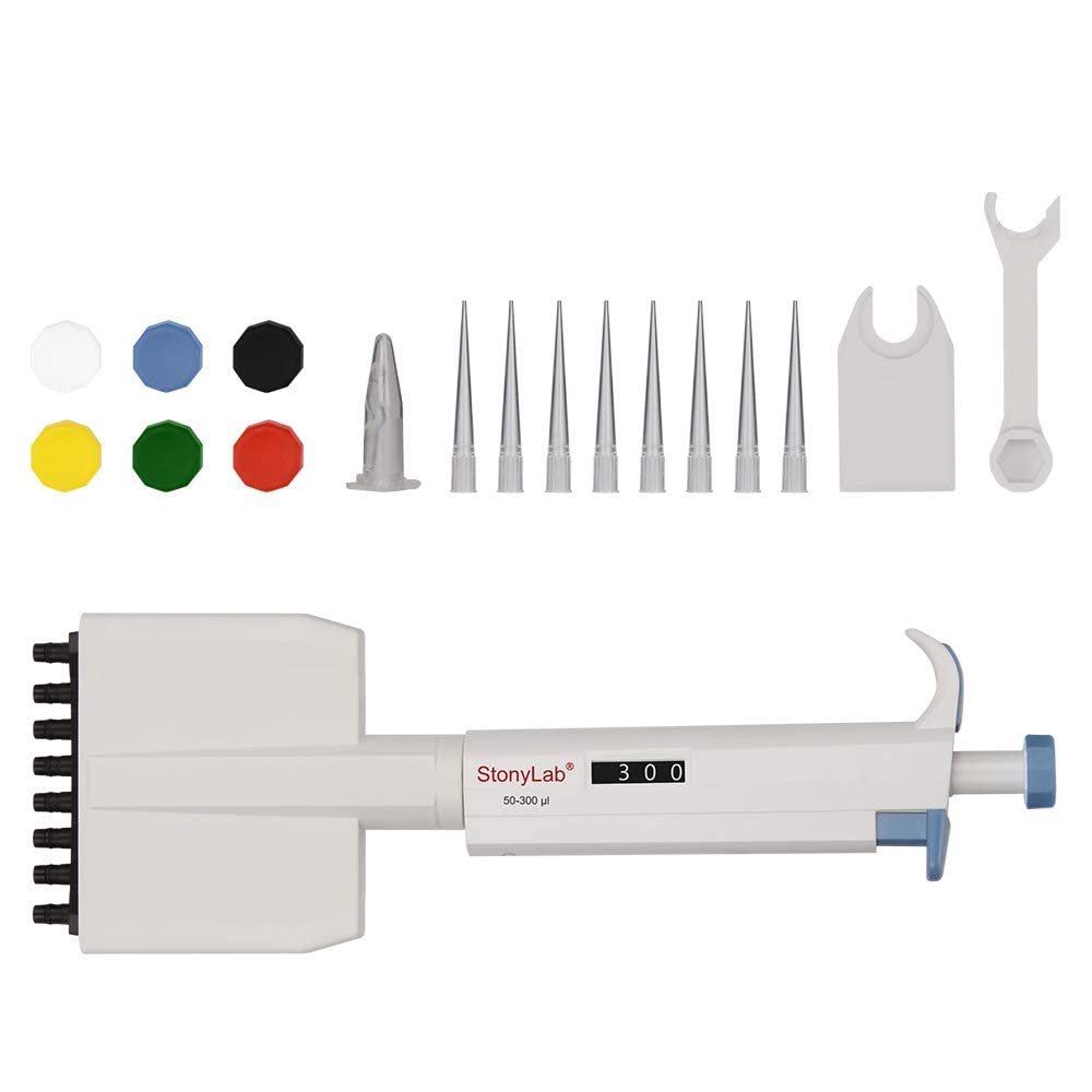 Stonylab 8-Channel Adjustable Volume Pipettor Controller (50-300µL) - Multichannel Pipette with Autoclavable Tip Cone for Laboratory Research - Ideal for PCR, Cell Culture & ELISA Testing