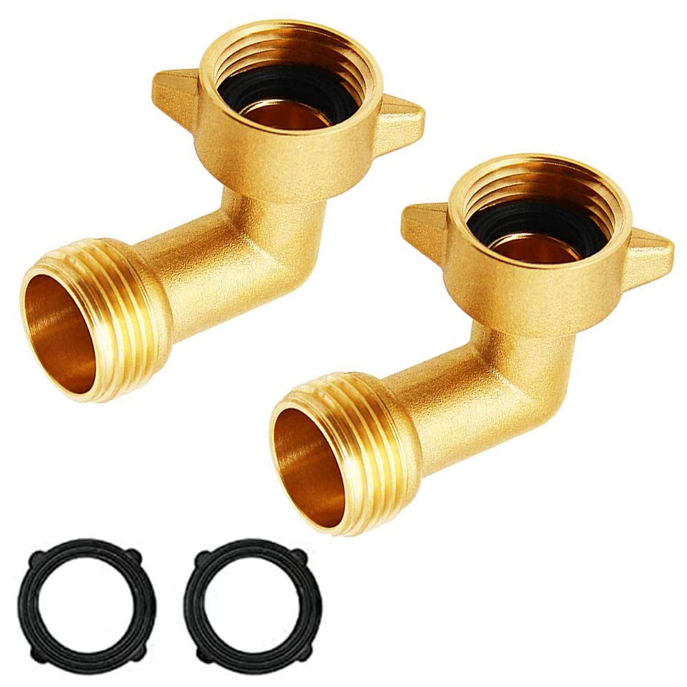 2PCS 90 Degree Brass RV Water Hose Connectors - Heavy Duty Garden Hose Fittings with 2 Washers for RV, Boat & Outdoor Watering Systems