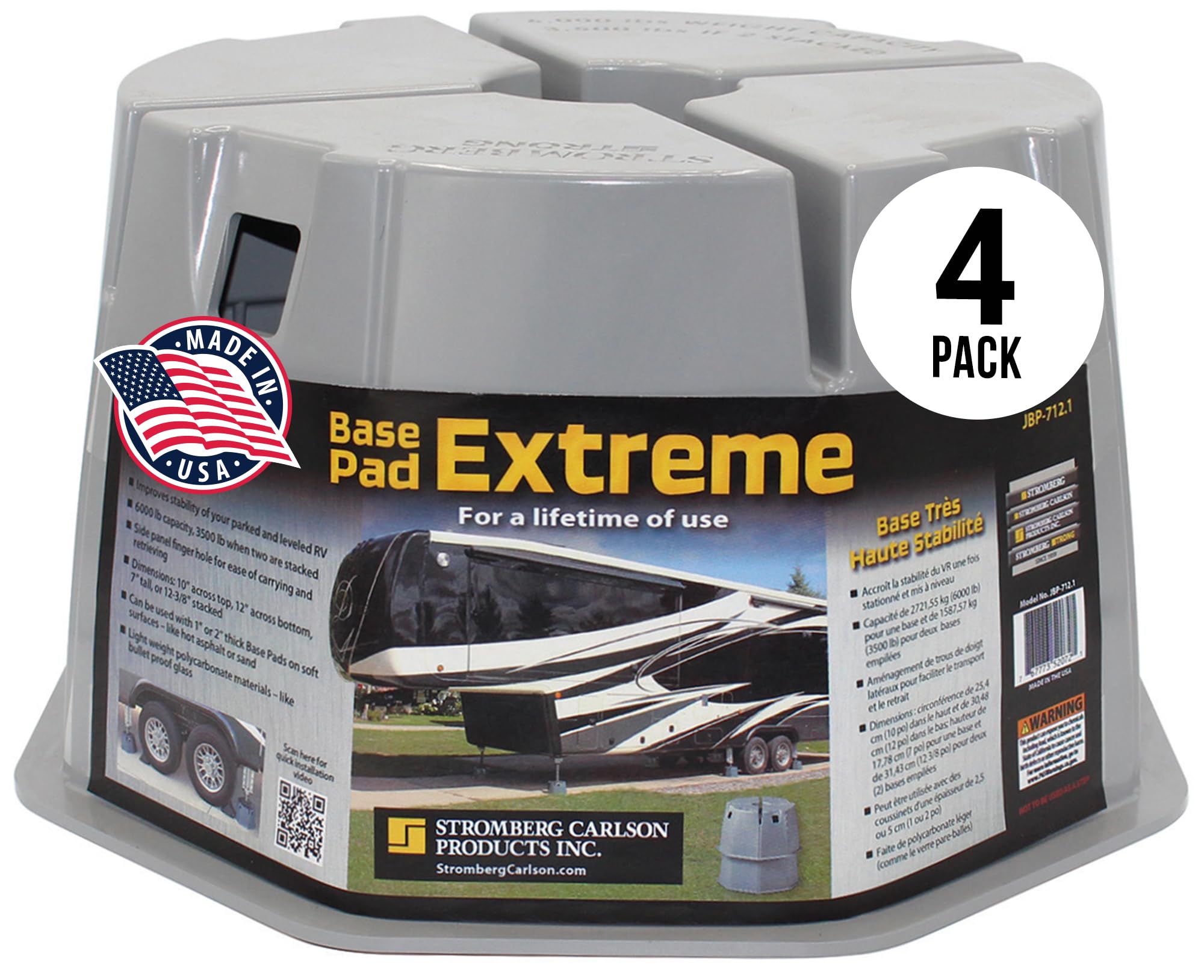 Stromberg Carlson JBP-712.4 RV Jack Base Pads - 7 Inch Height, 6000 lbs Capacity (4 Pack, Gray) | Heavy Duty Trailer Leveling & Stabilization Blocks for Campers, Travel Trailers & 5th Wheels | Perfect for Uneven Ground & Long-Term Parking