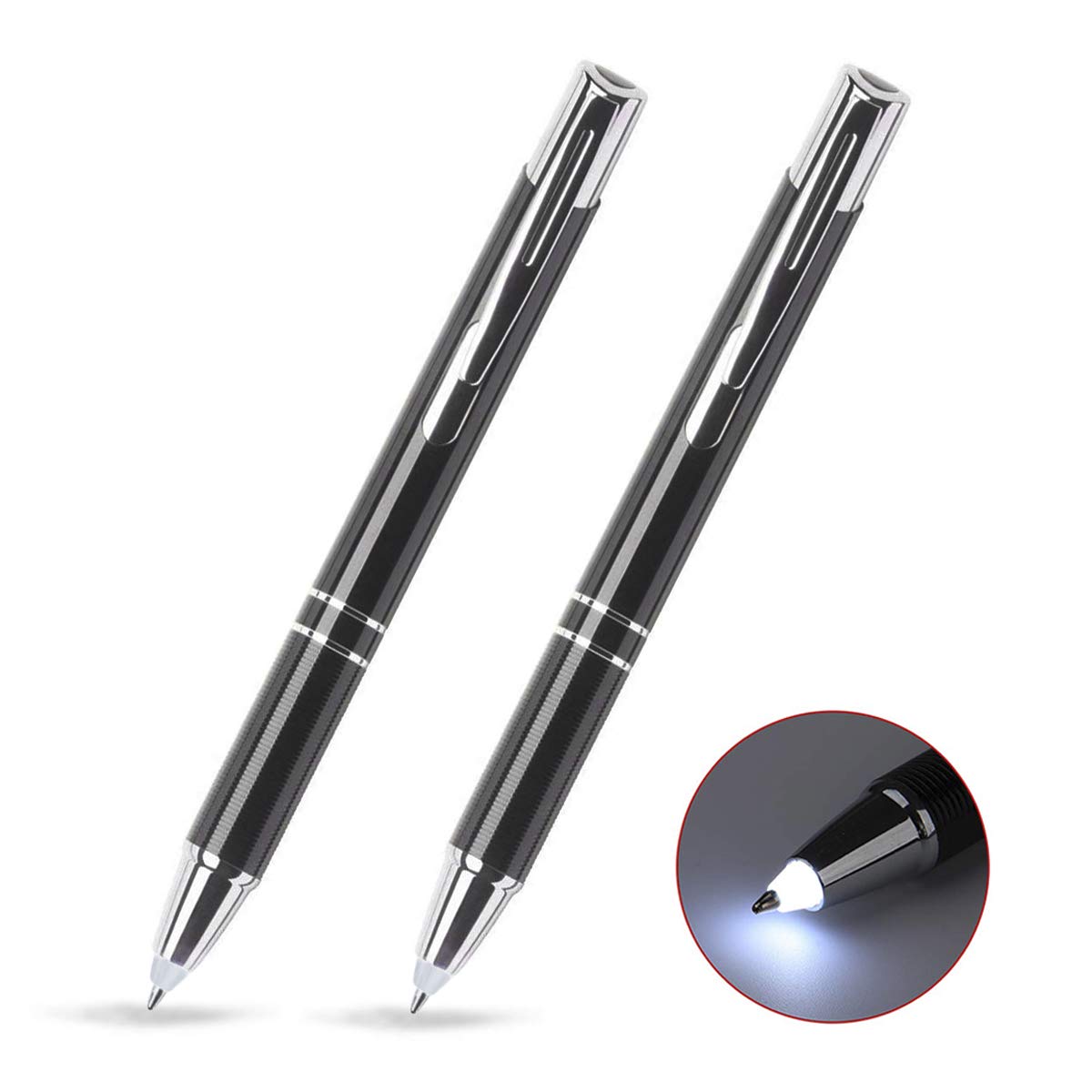 GS GLOWSEEN LED Lighted Tip Penlight - 2 Pack White Light Ballpoint Flashlight Writing Pens for Night Writing, Emergency Use, Camping & Outdoor Activities