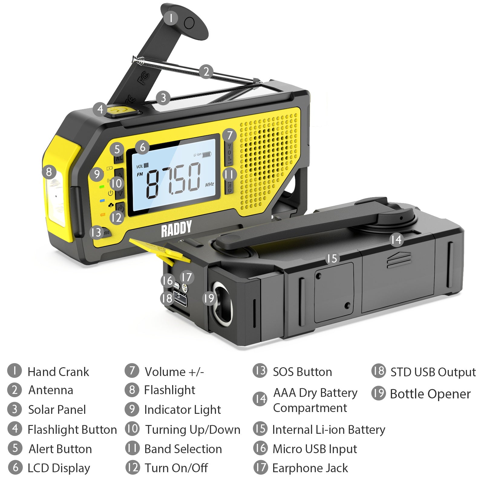 Raddy NW3 Emergency Weather Radio - NOAA Weather Alert with Hand Crank & Solar Power - Portable Survival Radio for Outdoor Camping, Hiking, and Emergency Preparedness