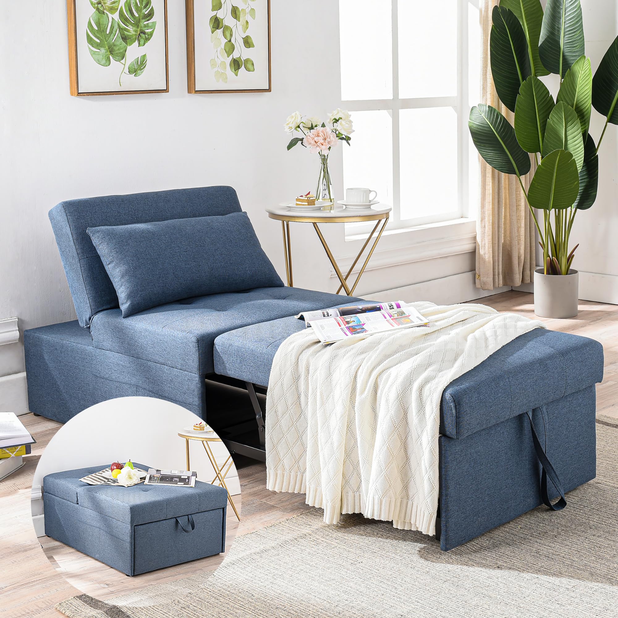 Cozy Castle 4-in-1 Convertible Sleeper Chair - Foldable Ottoman Sofa Bed with Premium Linen Fabric | Space-Saving Chaise Lounge for Small Apartments, Guest Rooms & Home Offices | Denim Blue Modern Furniture for Relaxing & Overnight Guests