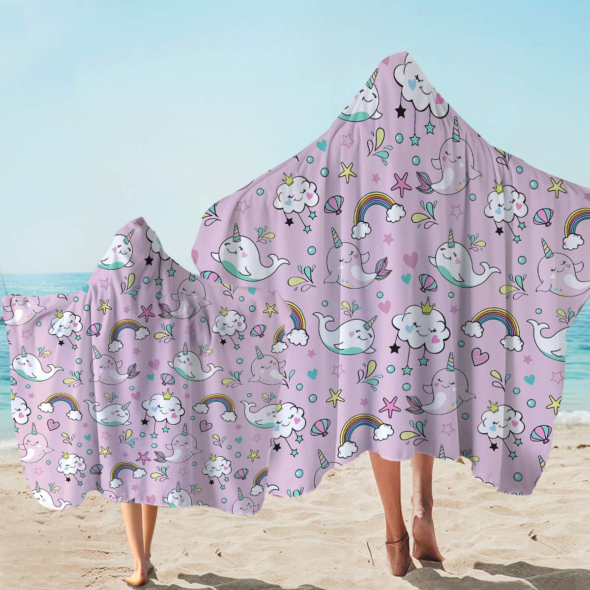 **Sleepwish Narwhal Hooded Beach Towel - Cute Unicorn Whale with Rainbow & Clouds Print, Pink Cartoon Wearable Towel for Adults (1 Piece) - Perfect for Beach, Pool, Bathroom & Lounging**
