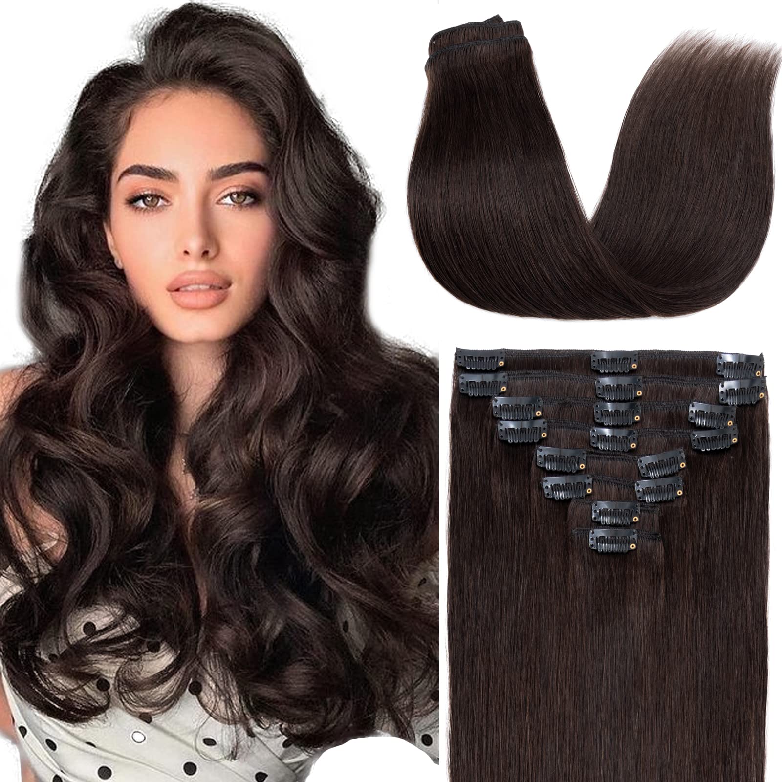 Clip in Human Hair Extensions 8 Pieces 18 Clips 100% Real Silky Remy Hair 20 Inch 105g Dark Brown (#2) for Volume & Length - Perfect for Parties, Weddings & Daily Styling