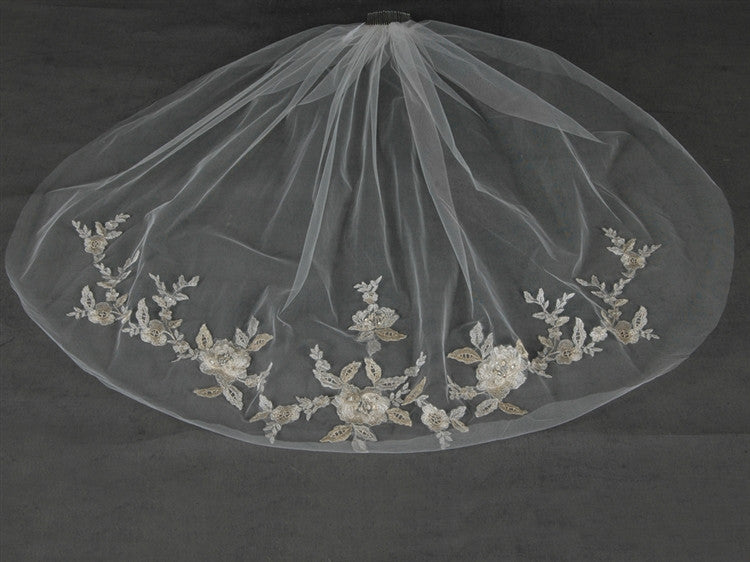 Elegant Gold and Silver Embroidered Floral Lace Wedding Veil - Perfect for Bridal Accessories, Ceremonies & Special Occasions