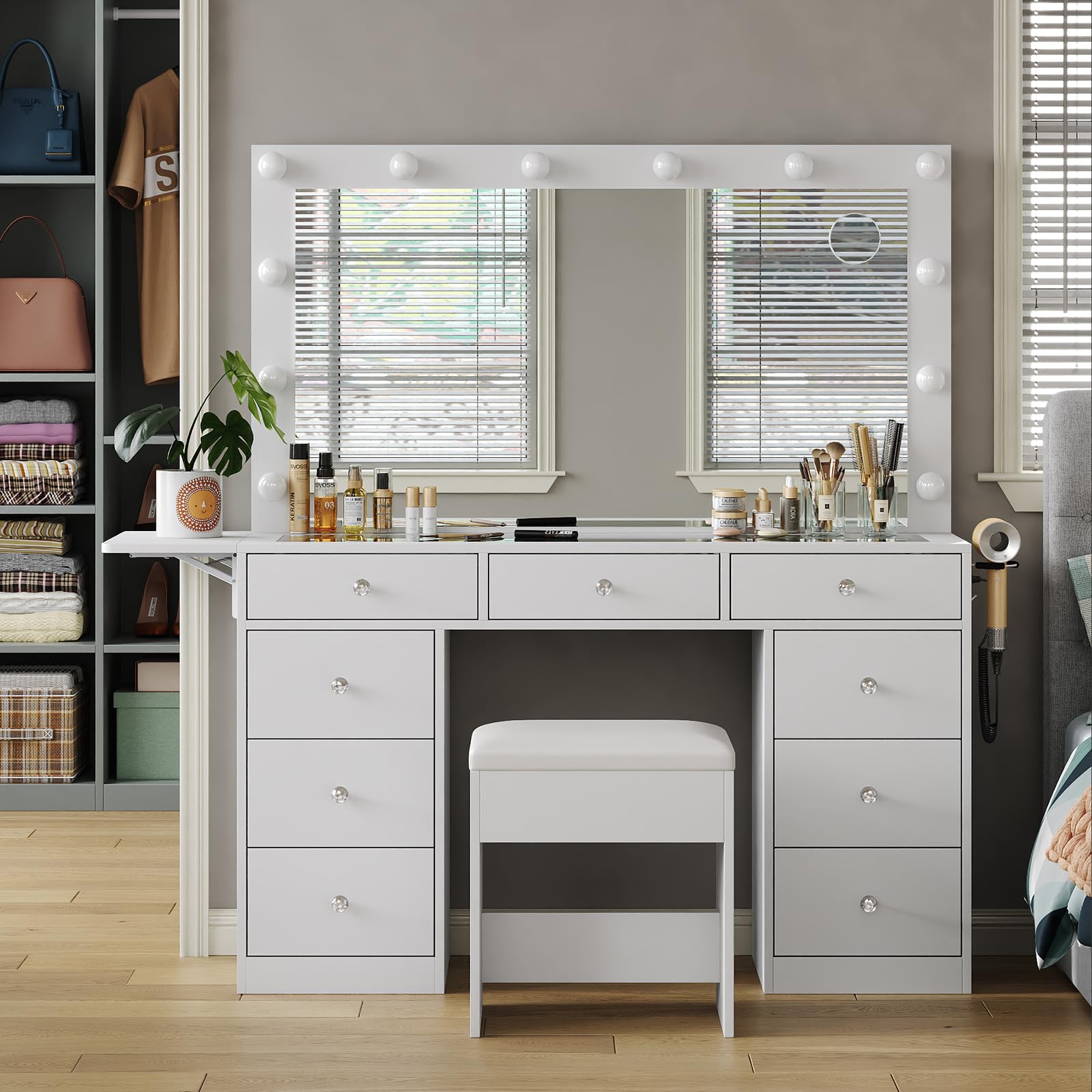 Vanity Desk with Power Outlet & LED Lights - Makeup Vanity Set with Mirror, 9 Drawers & Fold-up Panel - 3 Adjustable Lighting Modes (White) | Perfect for Bedroom, Dressing Room & Beauty Salon