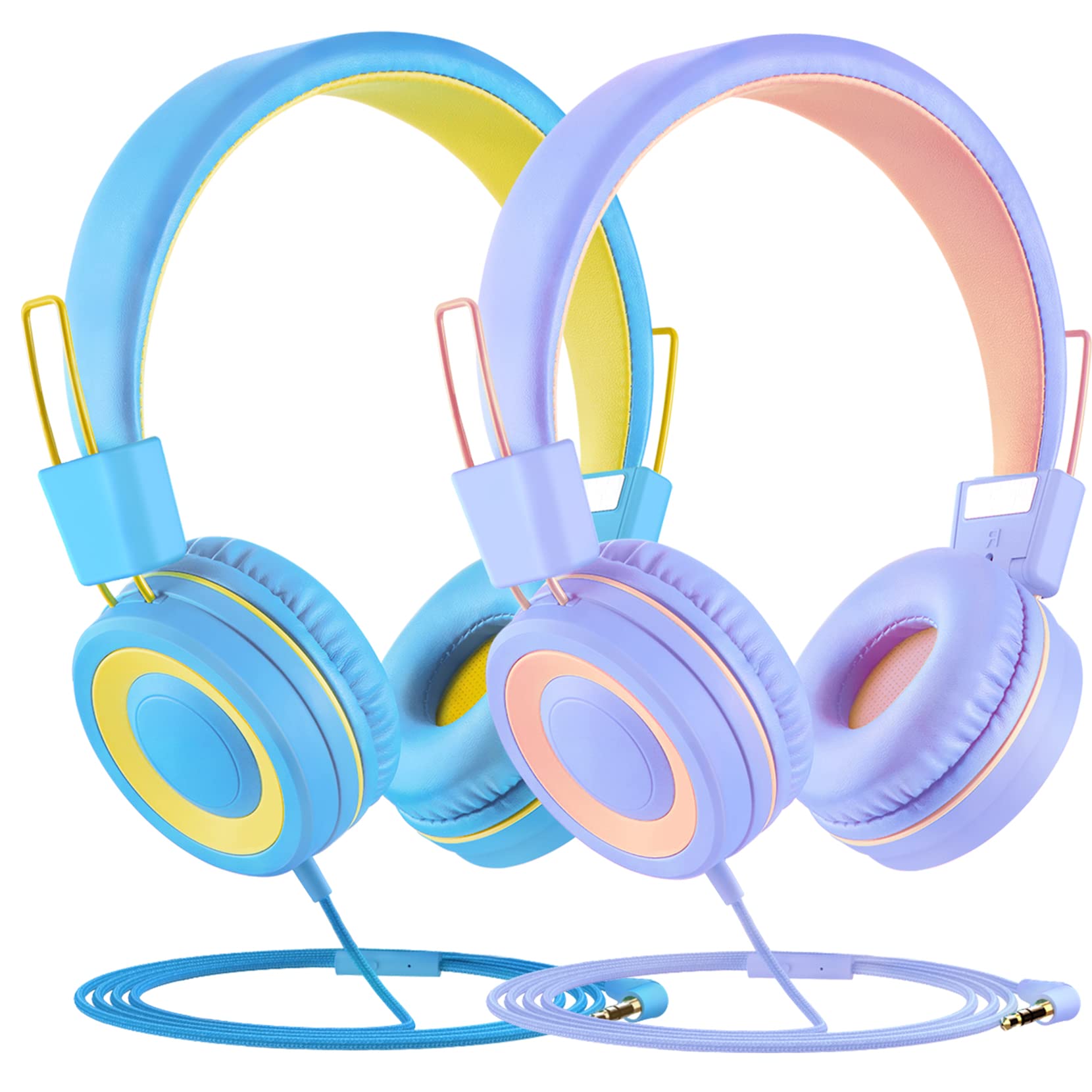 2 Pack Kids Headphones with Volume Limiter (85dB) - Foldable Stereo On-Ear Headphones with Microphone & Sharing Splitter for Boys & Girls - Safe for School, Tablet, Travel, MP3/4 - Perfect for Online Learning, Airplane Rides & Home Entertainment