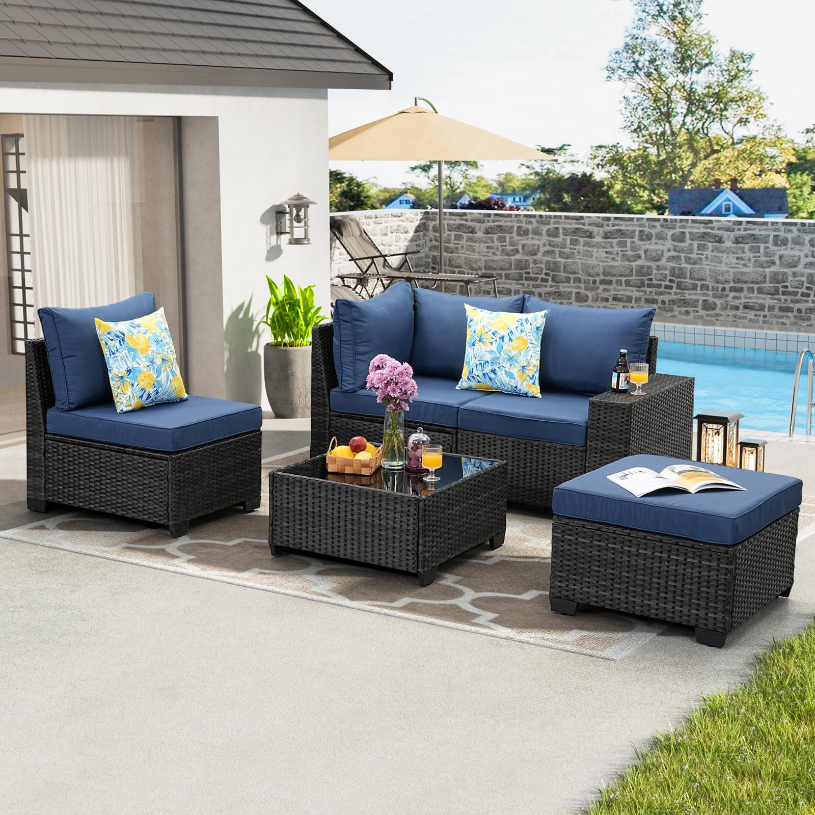 5-Piece All-Weather Outdoor Wicker Patio Furniture Set - Navy Rattan Sectional Sofa with Cushions, Glass Coffee Table & Ottoman - Perfect for Porch, Poolside, Garden or Backyard Relaxation