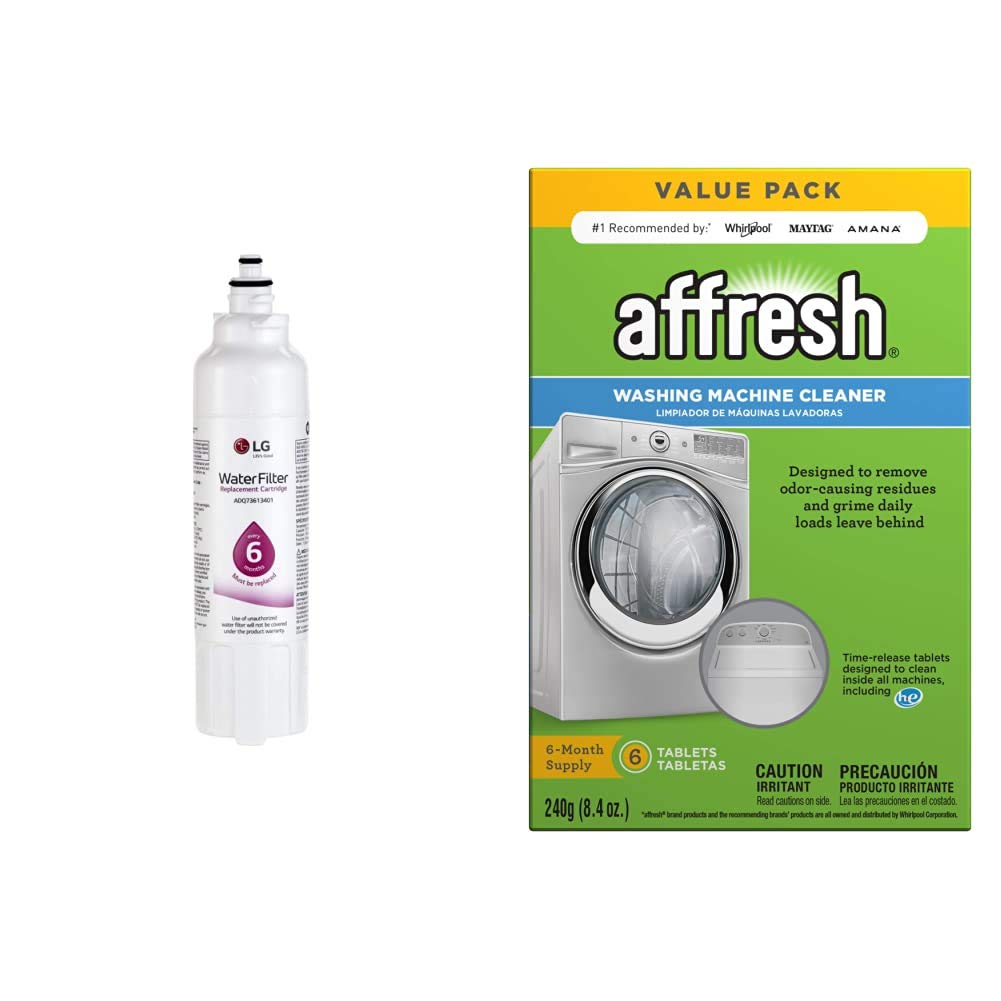 LG LT800P 6-Month/200-Gallon Refrigerator Water Filter Replacement & Affresh W10501250 HE Washer Cleaner Tablets (6-Pack) – For Front Load and Top Load Washing Machines, Keeps Appliances Fresh and Efficient