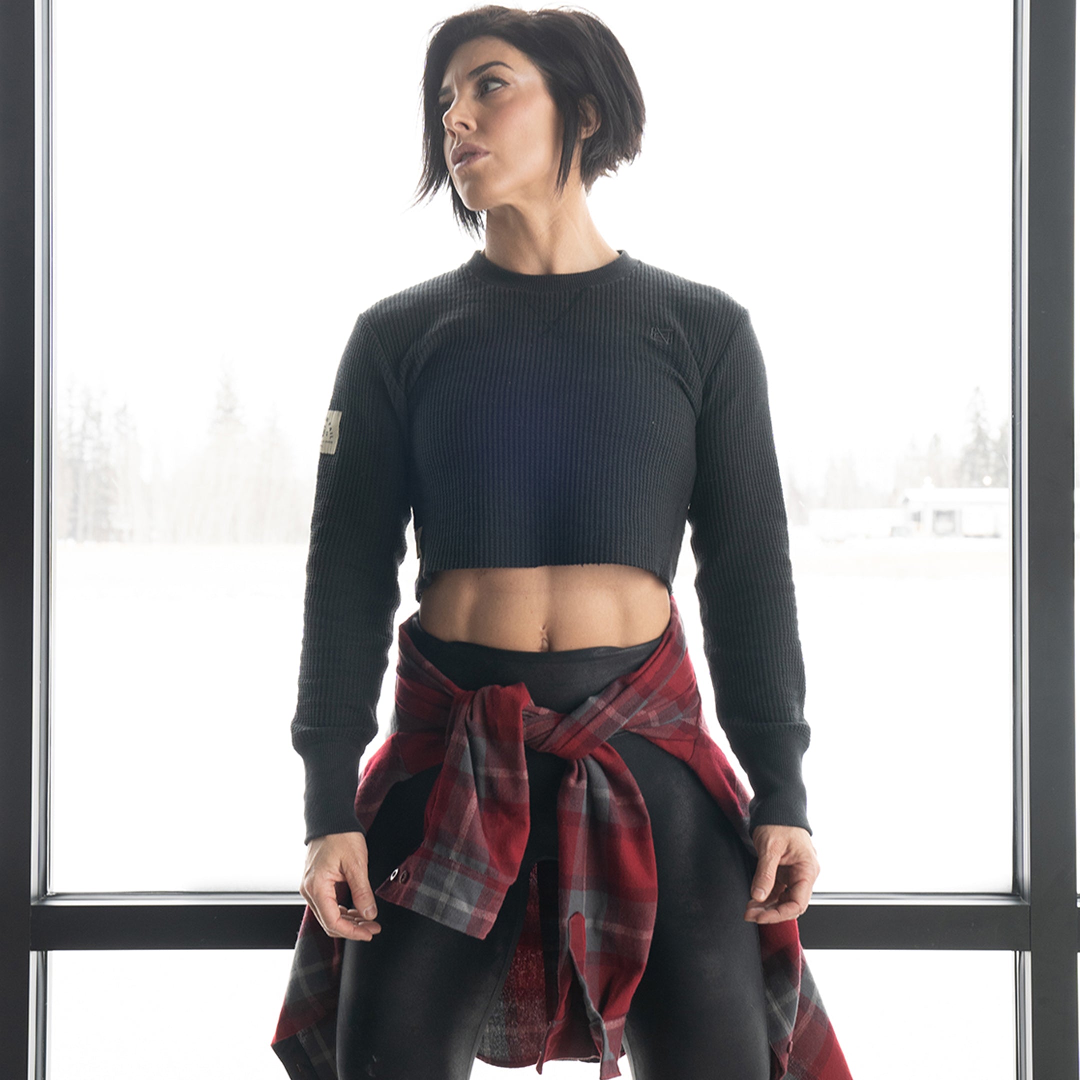 Women's Forever Waffle Knit Crop Top - Soft & Stylish Black Pullover for Casual Wear, Layering & Fall Fashion
