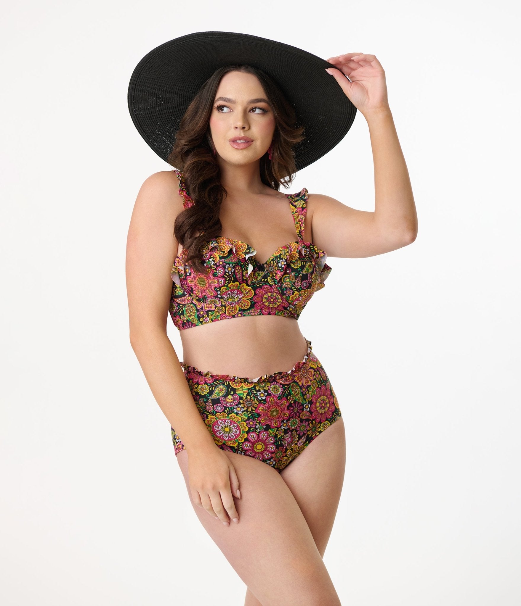 Vintage 1960s Kaleidoscope Floral Swim Bottoms - Retro High Waisted Bathing Suit Bottoms for Women, Beachwear, Pool Party & Summer Vacation