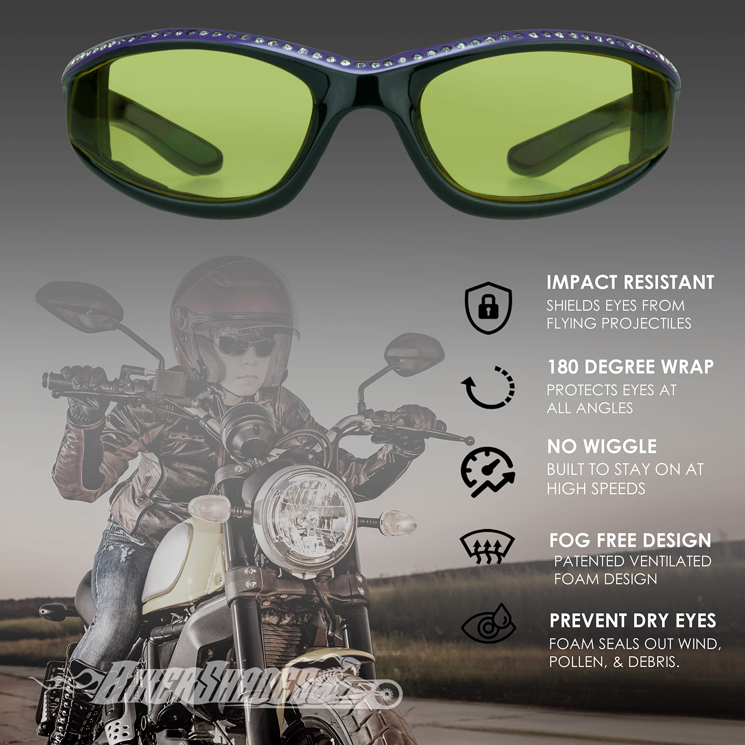 Women's Photochromic Motorcycle Riding Glasses - Transitional Biker Shades with Rhinestones, Day & Night Light Adjusting for Comfortable Riding - Perfect for Commuting, Touring & Outdoor Adventures
