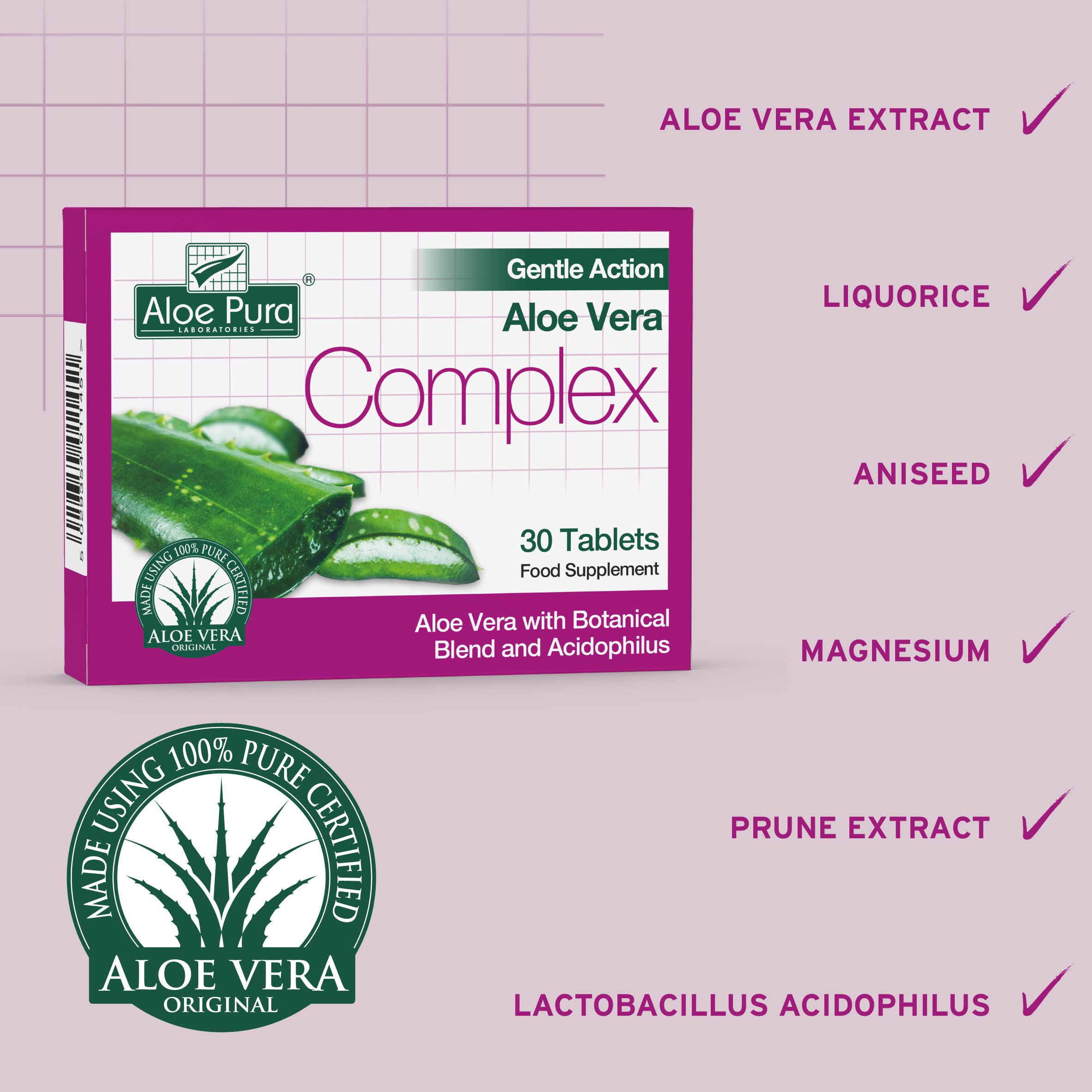 Aloe Pura Aloe Vera Gentle Action Complex Tablets - Natural Vegetarian Supplement, Cruelty-Free, 30 Count | Supports Digestive Health & Skin Wellness for Daily Detox