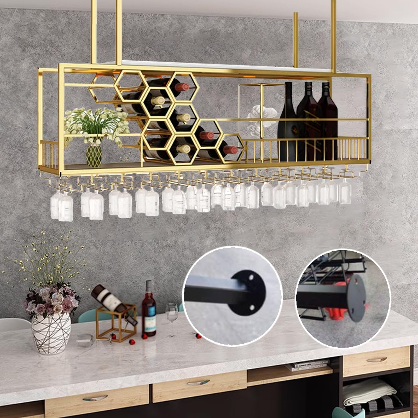 Large Capacity Honeycomb Ceiling Wine Glass Rack - 39.7 Inch (100cm) Gold Hanging Wine Bottle Storage Display for Home Bar, Kitchen & Dining Room - Perfect for Wine Enthusiasts & Entertaining Guests