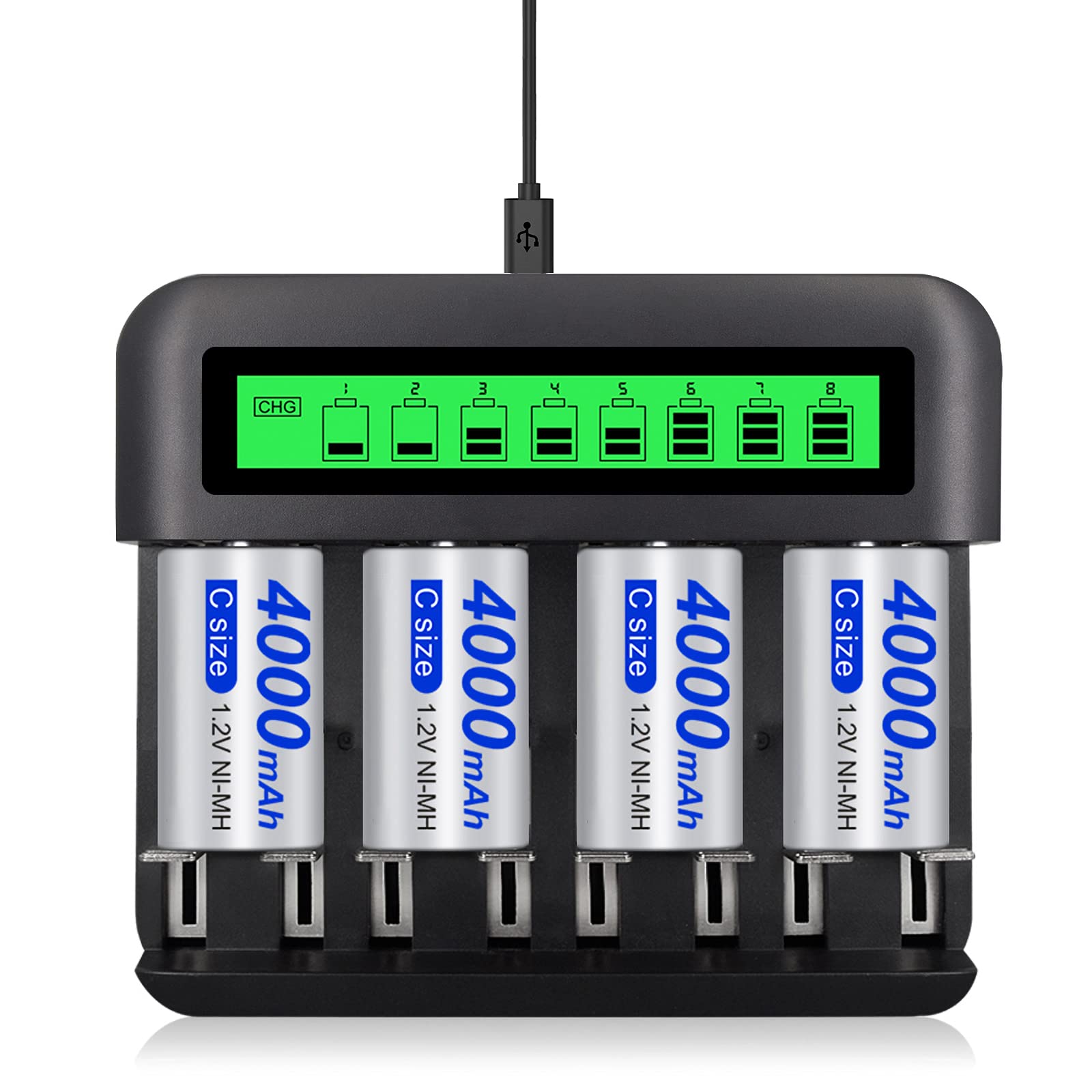 Universal Battery Charger with 4 Pack C Size 4000mAh Rechargeable Batteries - Fast Charging for Toys, Flashlights & Electronics - AA AAA C D Compatible Power Solution