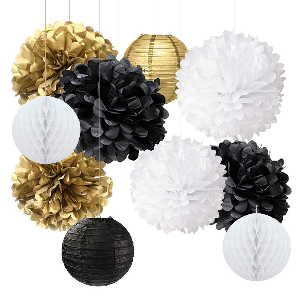 Gold Black White New Year's Party Decorations Kit - Tissue Paper Pom Poms, Paper Lanterns & Hanging Decorations for NYE, Birthday Celebrations | Perfect for Home, Office & Event Decor