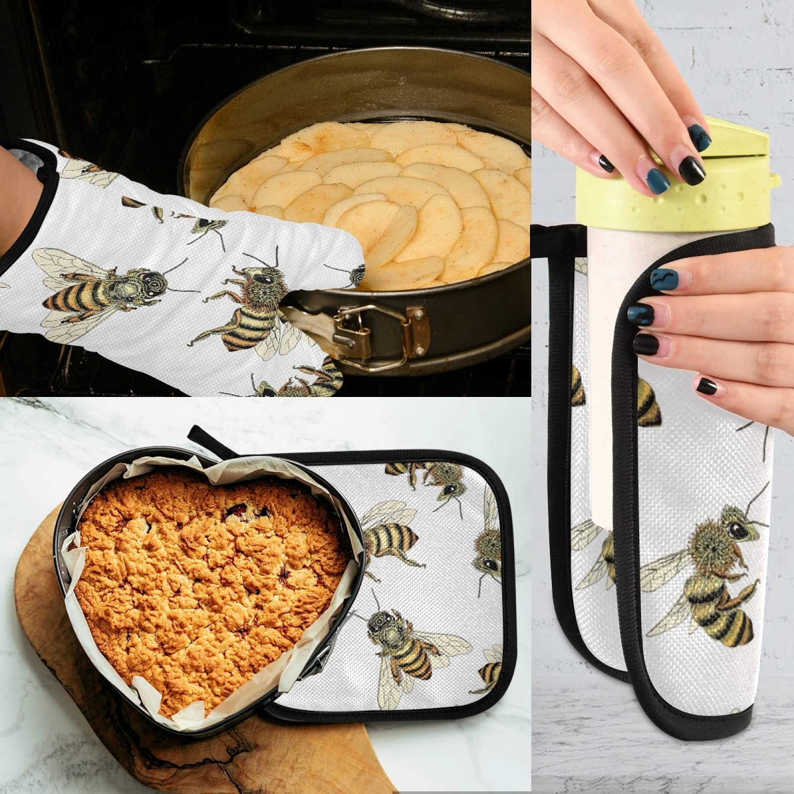 Poeticcity Humble Bees Honey Seamless White Oven Mitts & Pot Holders Set - Heat Resistant Kitchen Gloves for Cooking, Baking, Grilling & Microwave Use - Perfect for Home Chefs & BBQ Enthusiasts
