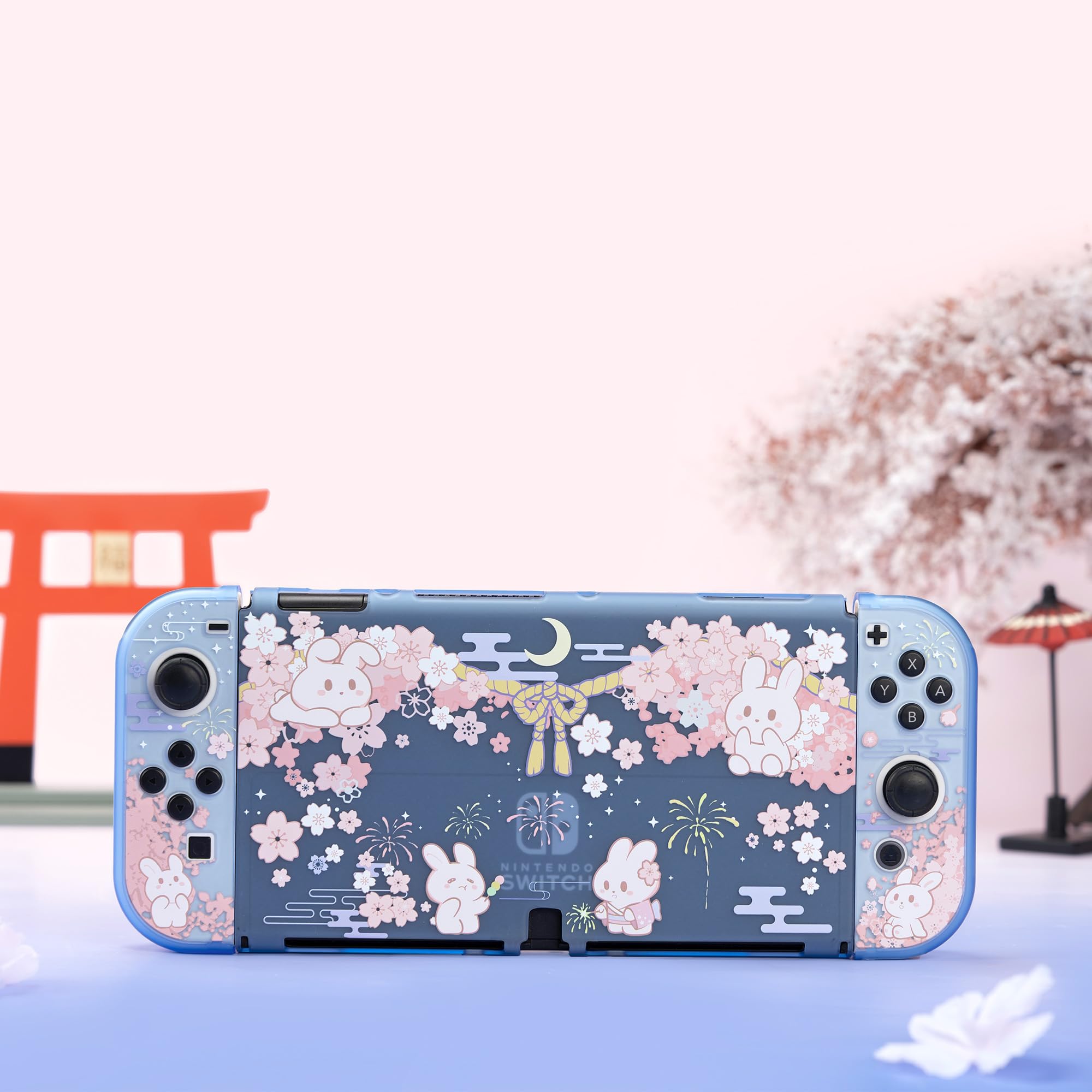 GeekShare Slim Hard Shell Protective Case for Nintendo Switch OLED - Cute Rabbit Design, Compatible with Switch OLED & Joy-Con (Hanabi Bunny) - Perfect for Travel, Gaming, and Storage Protection