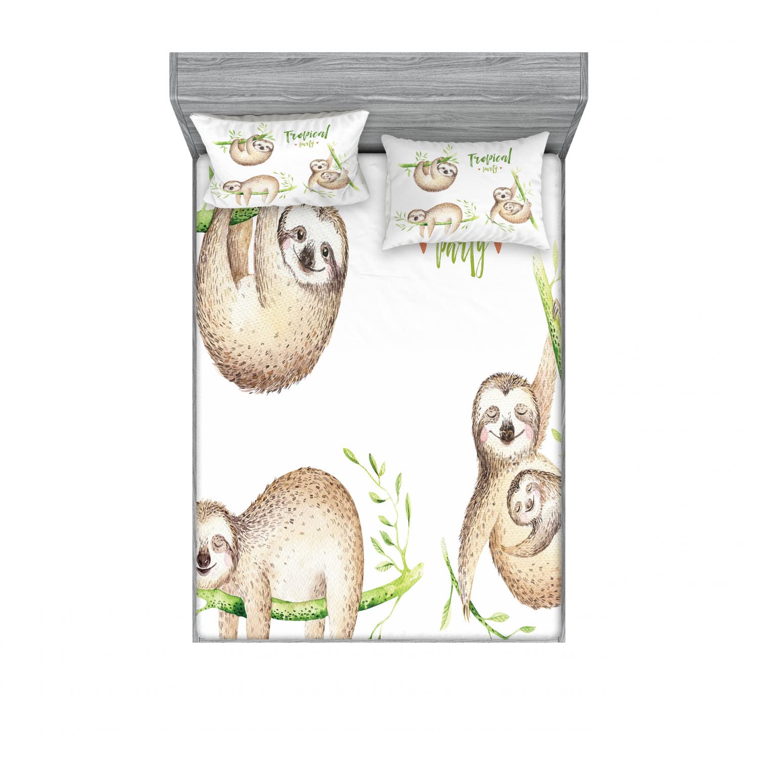 Ambesonne Sloth 2-Piece Full Size Fitted Sheet Set with 4 Pillow Shams - Tropical Palm Leaves Pattern in Pale Brown Green - Soft Bedding Decor for Kids Room, Nursery, or Jungle Themed Bedroom