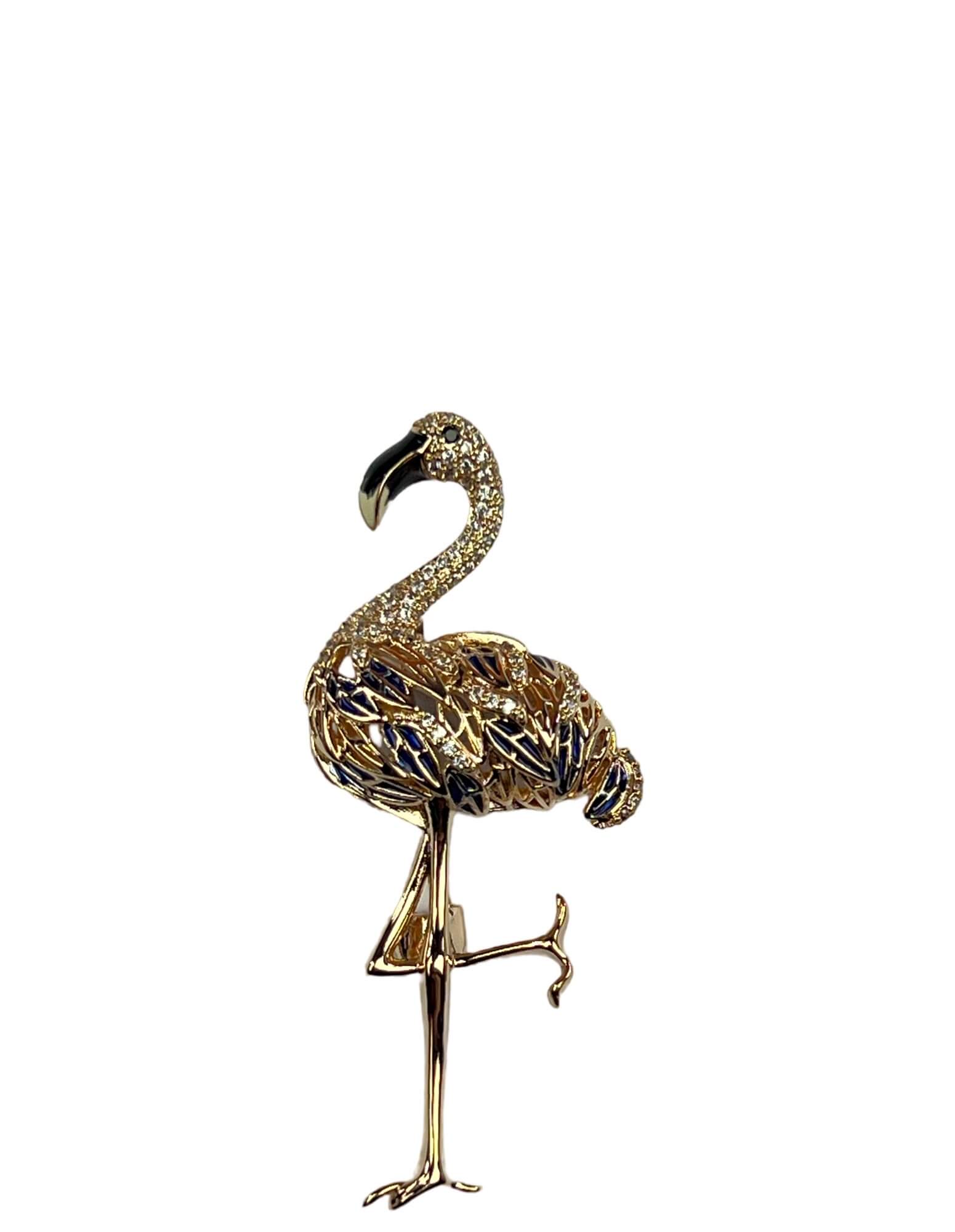 DÉCLIC Flamingo Rhinestone Brooch Pin - Gold Tone Glamorous Accessory for Women's Jackets, Hats, Bags & Party Outfits