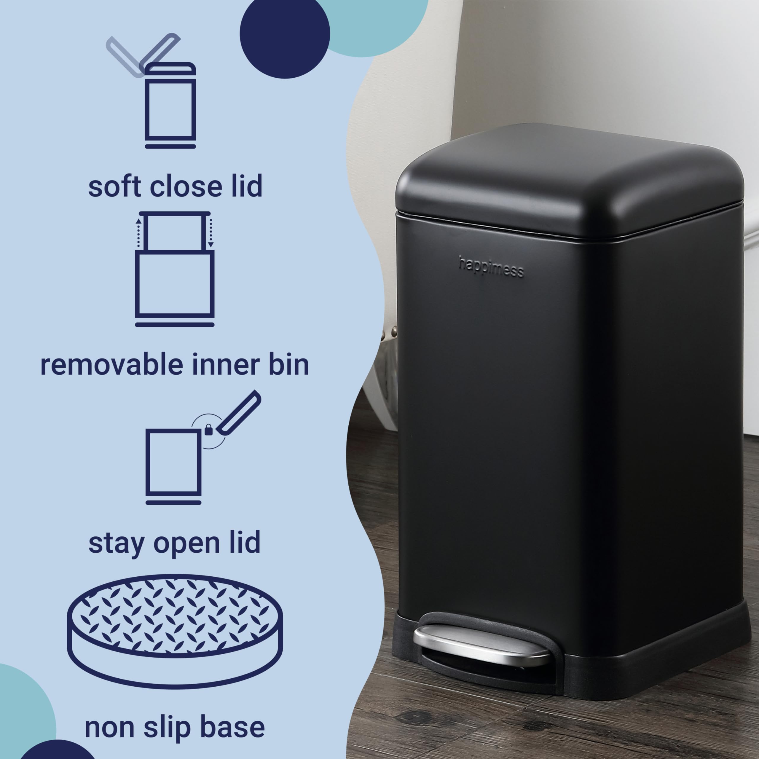 Happimess HPM1012B Betty Retro Mini 3.2-Gallon Step Trash Can with Soft-Close Lid - Modern Fingerprint Proof Waste Bin for Kitchen, Bathroom, Office & Home - Perfect for Small Spaces & Eco-Friendly Disposal