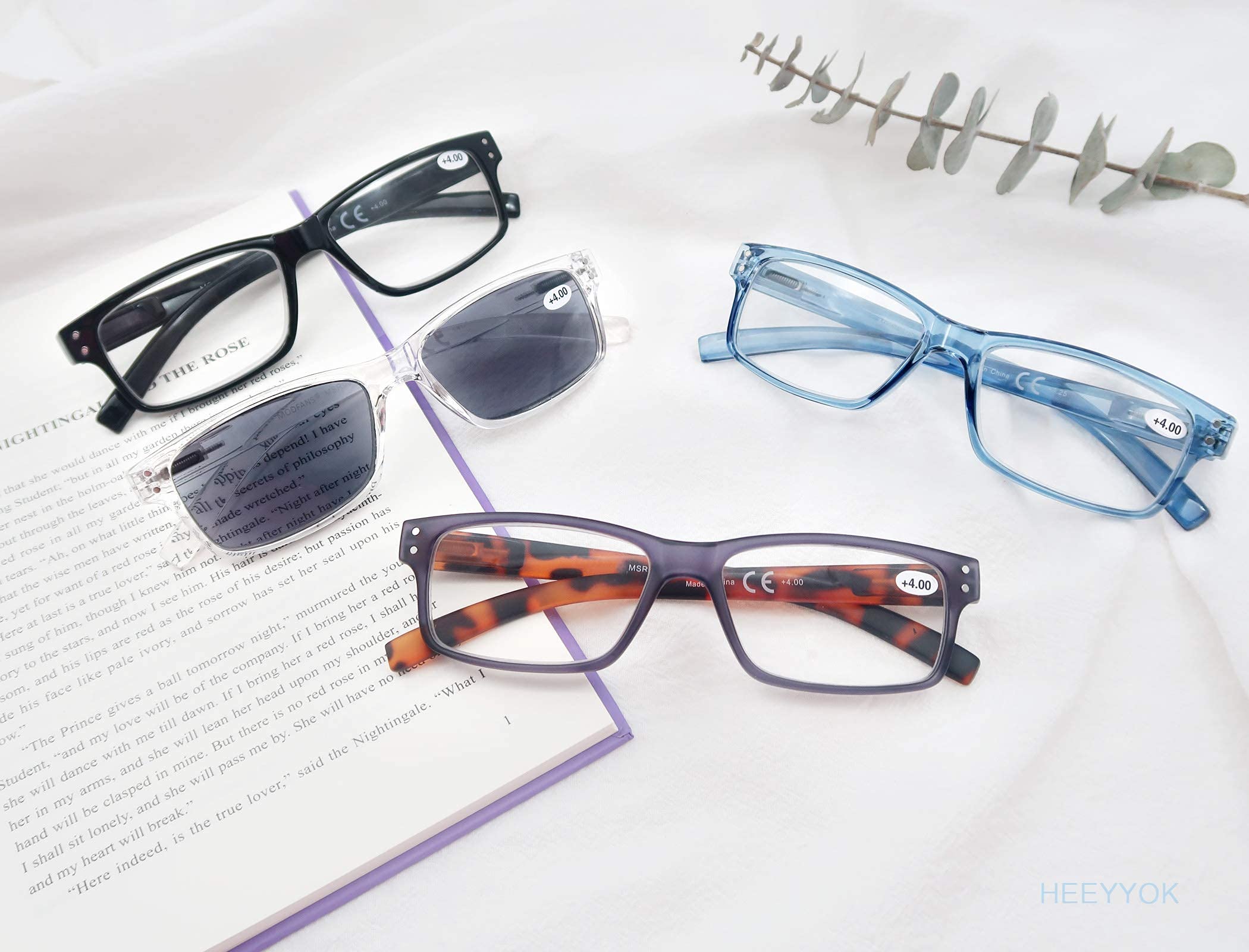 HEEYYOK 4 Pack Reading Glasses for Men & Women with Flexible Spring Hinges - Lightweight Cheater Glasses & Readers Sunglasses - Perfect for Reading, Computer Use, and Outdoor Activities