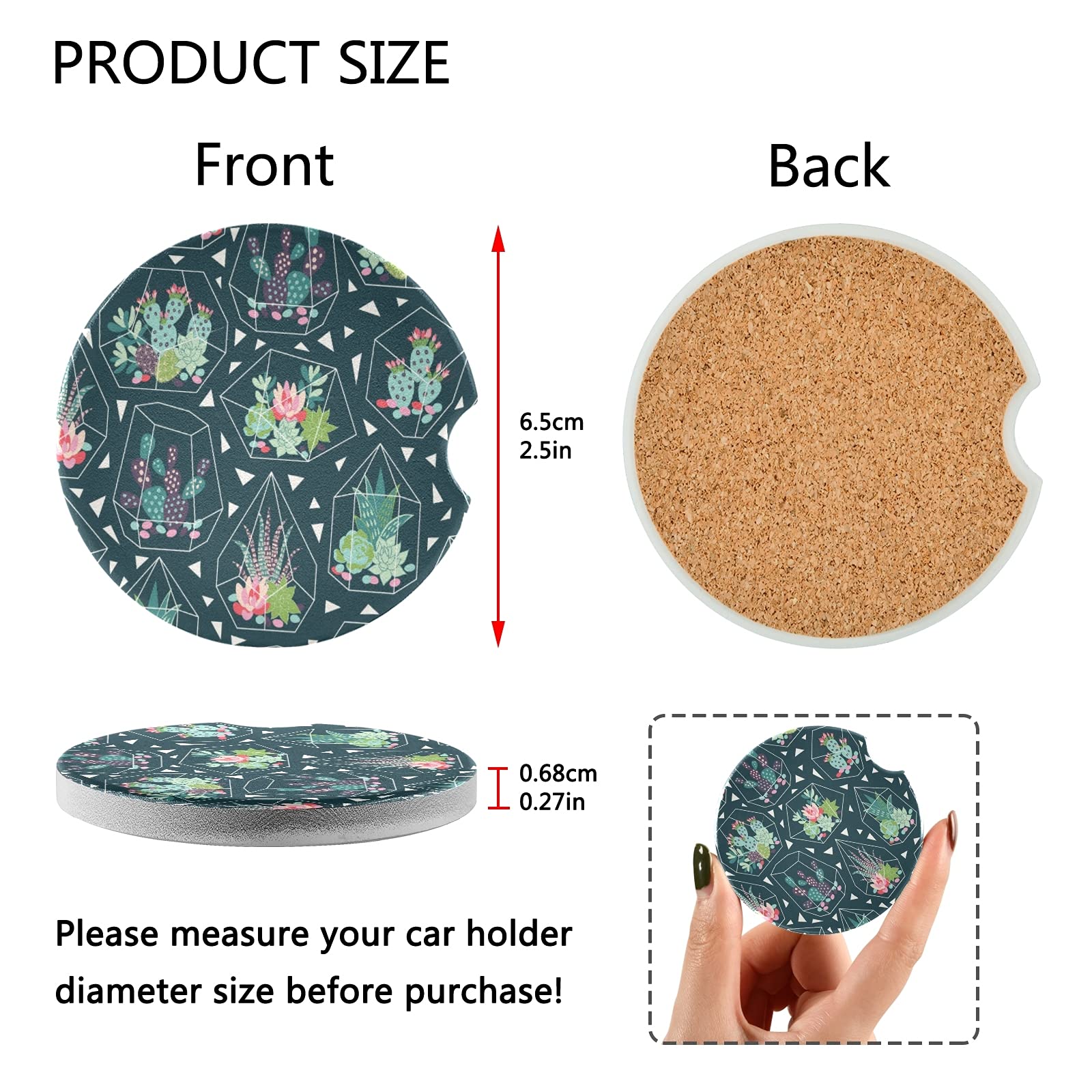 2 Pack Ceramic Succulent Car Coasters - Absorbent Drink Coasters for Cars with Fingertip Grip (2.5 Inch) - Perfect for Coffee, Soda & Water Cups in Vehicles