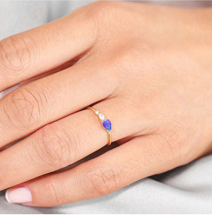 Lavender Fire Opal Pear Three Stone Ring - Elegant Dainty Jewelry for Women, Wedding, Anniversary & Special Occasion Gifts