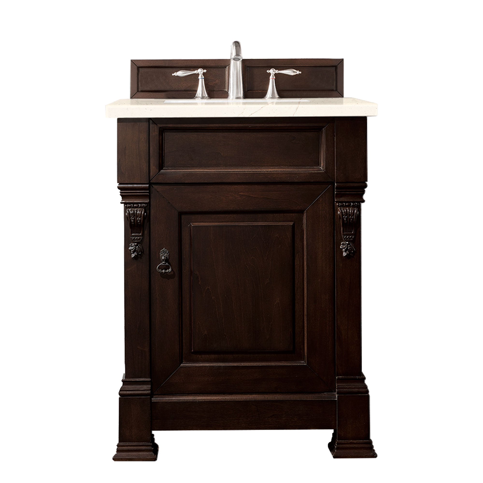 Brookfield 26 Inch Single Bathroom Vanity Set with Burnished Mahogany Base & 3CM Eternal Marfil Quartz Countertop - Perfect for Modern Bathroom Renovation and Home Upgrade