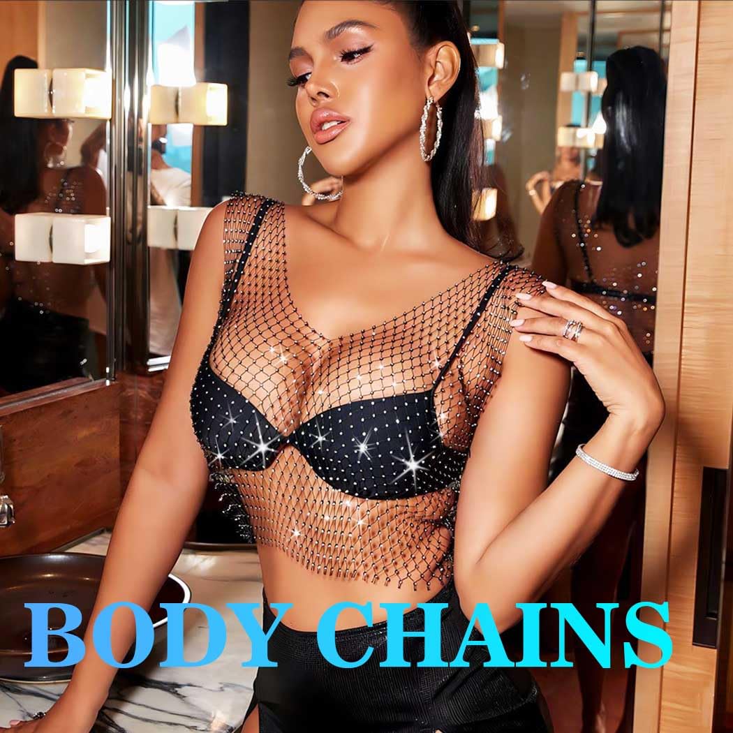 GRAEEN Women's Mesh Rhinestone Crop Top - Sleeveless Crystal Bra Chain Underwear, Elastic Hand-Woven Fishnet Bikini Top for Nightclub, Beach Party & Festival (Black) | Sexy Body Chain Jewelry for Women