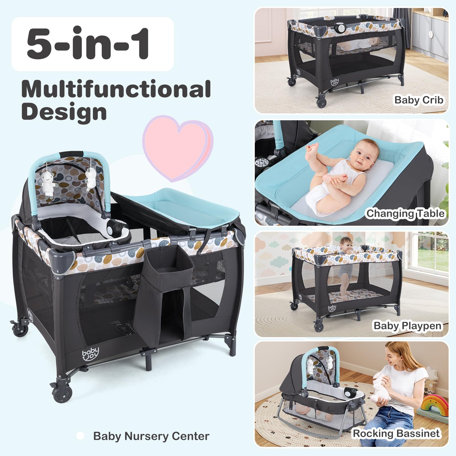 BABY JOY 5-in-1 Portable Playard with Bassinet, Changing Table & Toy Bar - Baby Nursery Center with Music, Storage Bag & Detachable Toys (Blue Dot Circle) - Perfect for Travel, Daycare & Home Use