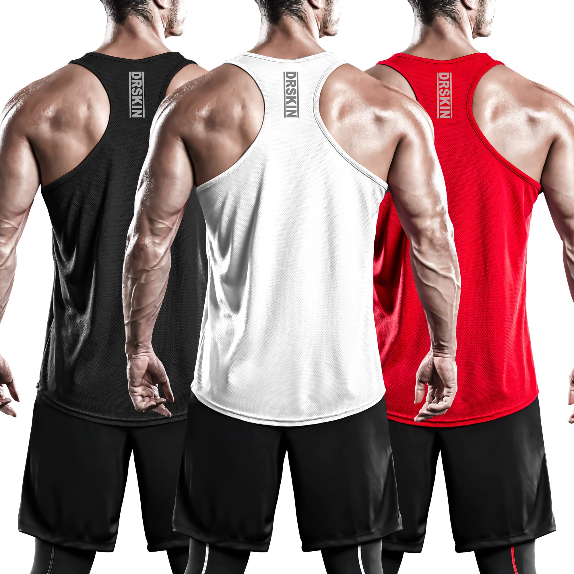 DRSKIN Men's 3 Pack Moisture Wicking Y-Back Muscle Tank Tops - Breathable Mesh Sleeveless Gym Shirts for Bodybuilding, Weight Training & Athletic Workout - Perfect for Gym, Running & Summer Outdoor Activities