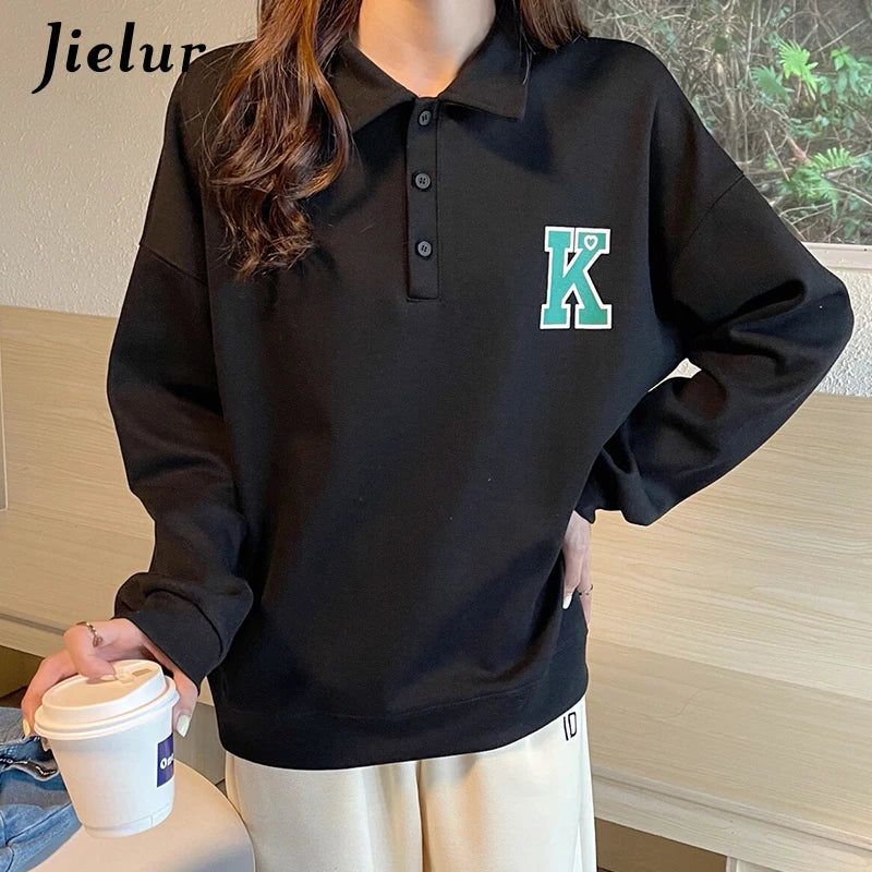 Korean Fashion Autumn Polo Women's Hoodies - Casual Loose Fit Button-Up Letter Print Sweatshirt in Gray, White & Black | Perfect for Streetwear, Fall Layering & Everyday Comfort