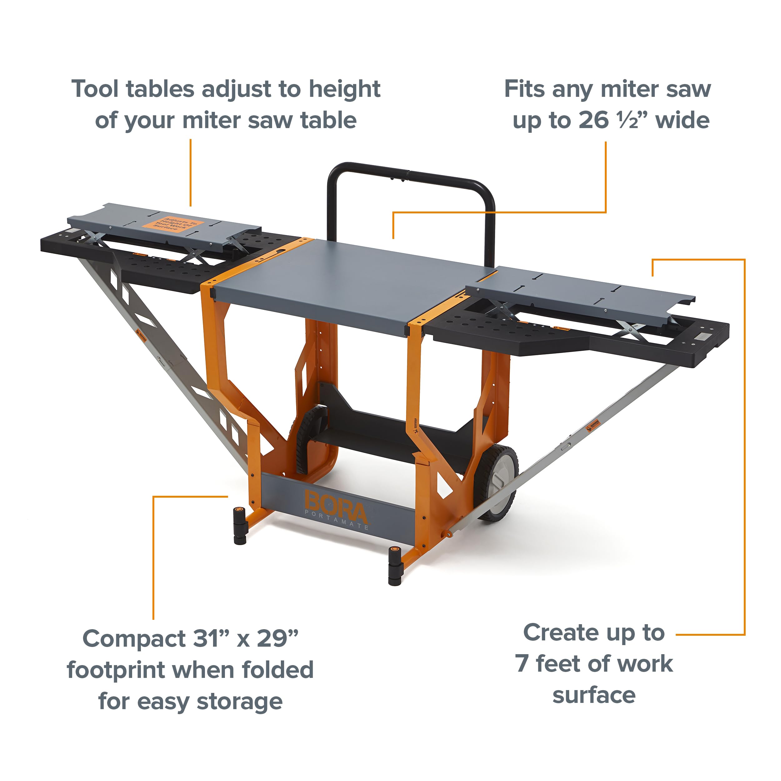 Portable Bora Portamate PM-8000 Miter Saw Stand - Heavy Duty 400 Lbs Capacity Rolling Workstation with Folding Wing Extensions | Perfect for Job Sites, Woodworking Shops & DIY Projects