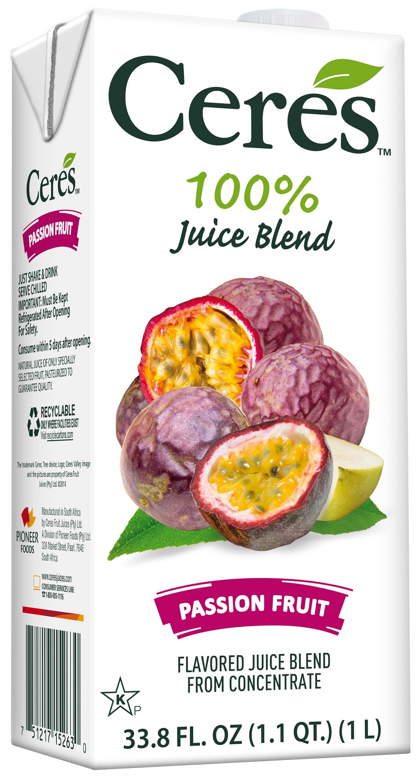 **Ceres 100% Natural Passion Fruit Juice Blend - Gluten Free, Vitamin C Rich, No Added Sugar or Preservatives, Cholesterol Free - 33.8 Fl Oz (Pack of 6) | Perfect for Smoothies, Cocktails & Healthy Hydration**