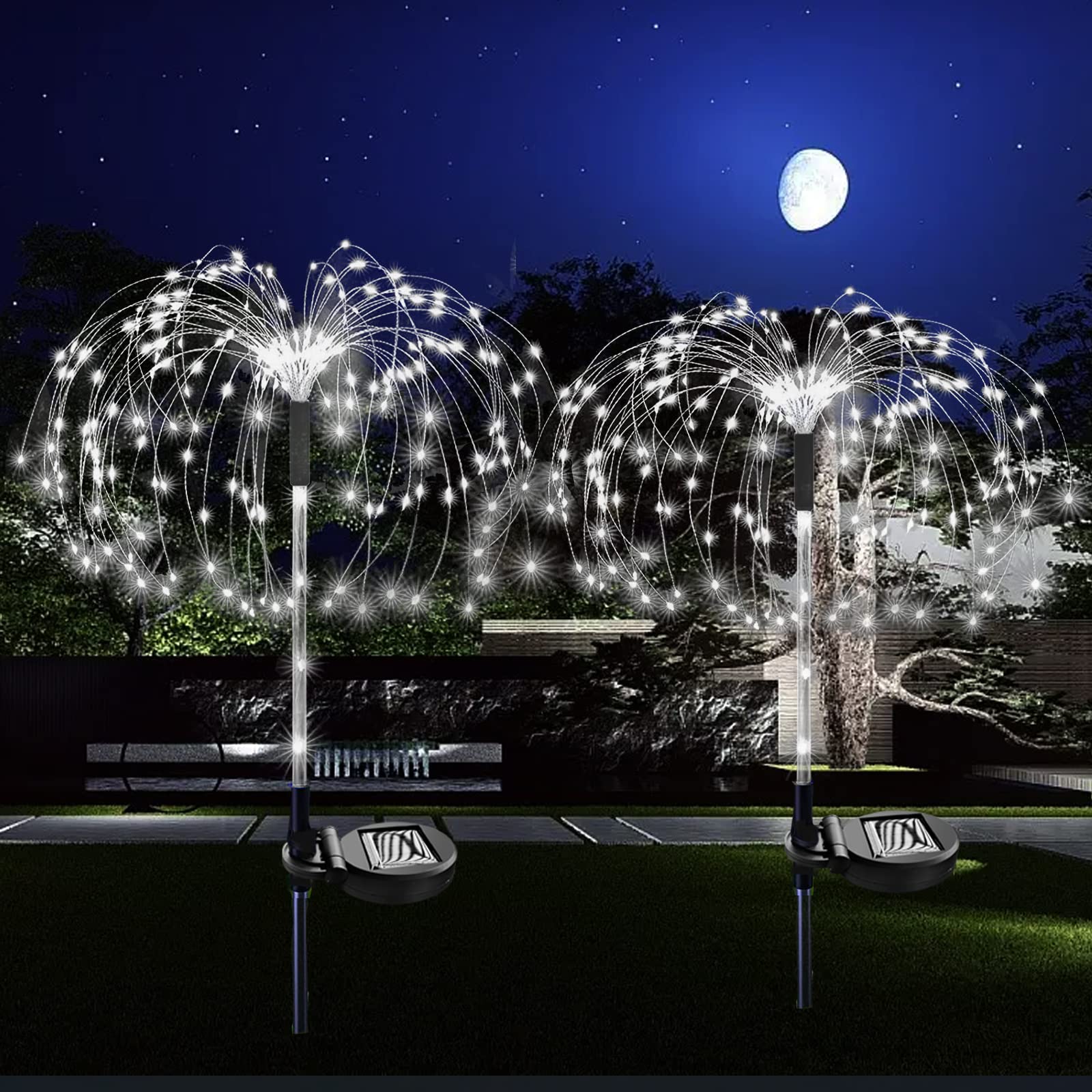 XVZ Solar Garden Lights - 2 Pack 120 LED Waterproof Solar Powered Firework Lights with 2 Modes for Outdoor Decoration | Perfect for Walkways, Pathways, Backyards & Christmas Party Decor (Cold White) | Ideal for Landscape Lighting, Patio Ambiance & Holiday Celebrations