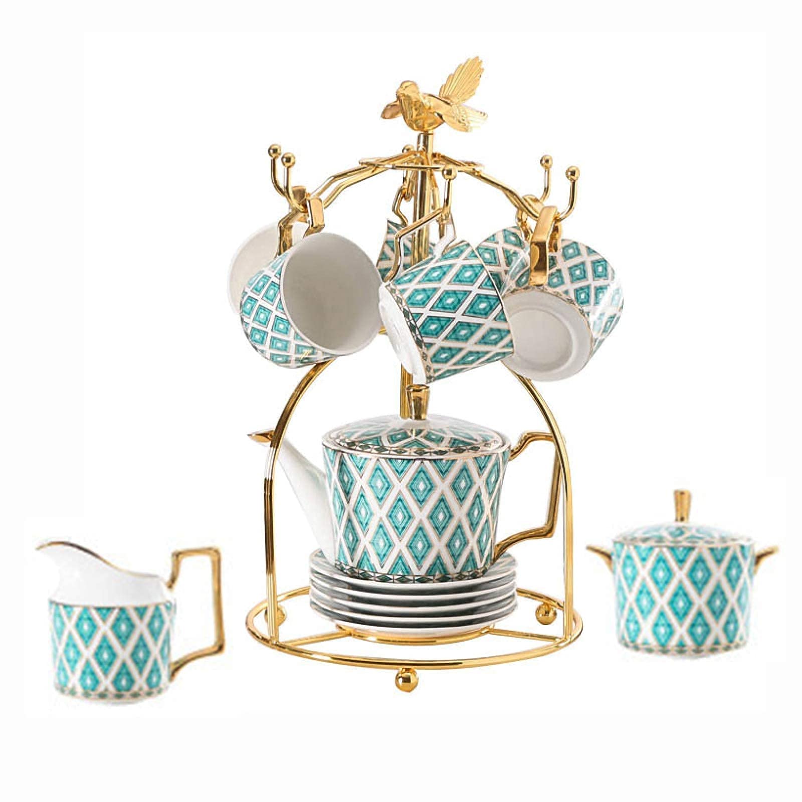 Premium Japanese & European Ceramic Teapot Set with Cups, Saucers, Sugar Bowl & Milk Jug - British Afternoon Tea & Coffee Set with Metal Holder - Elegant Gift for Tea Lovers (Perfect for Home Tea Parties, Afternoon Tea Gatherings & Cozy Coffee Moments)
